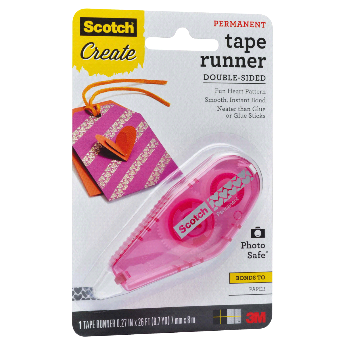 slide 4 of 5, Scotch Patterned Tape Runner - Hearts, Pink Dispenser, 26 ft