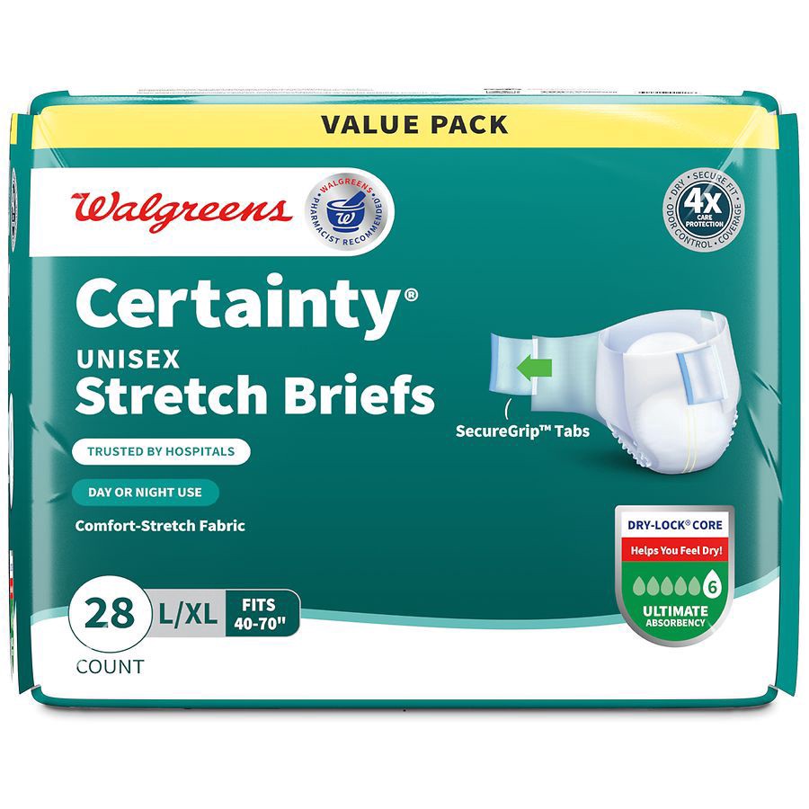 slide 5 of 5, Walgreens Certainty Unisex Adjustable Incontinence Stretch Briefs with Tabs L/XL, 28 ct