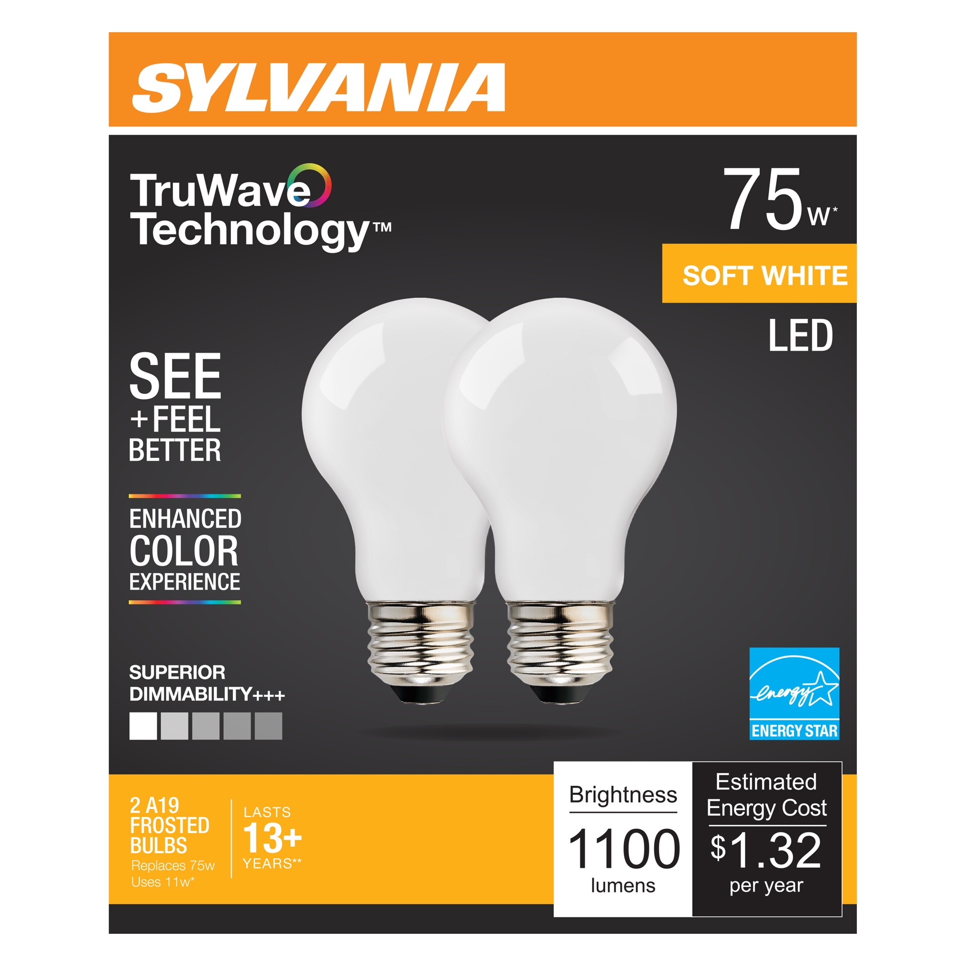 slide 1 of 1, Sylvania Soft White A19 Led Bulbs 75W, 2 ct