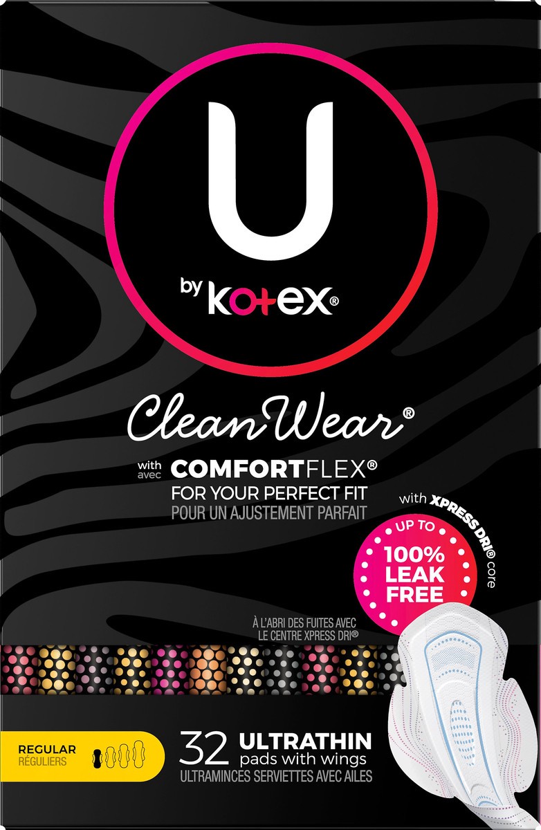 slide 6 of 9, U by Kotex CleanWear Ultrathin Regular Pads with Wings 32 ea, 32 ct