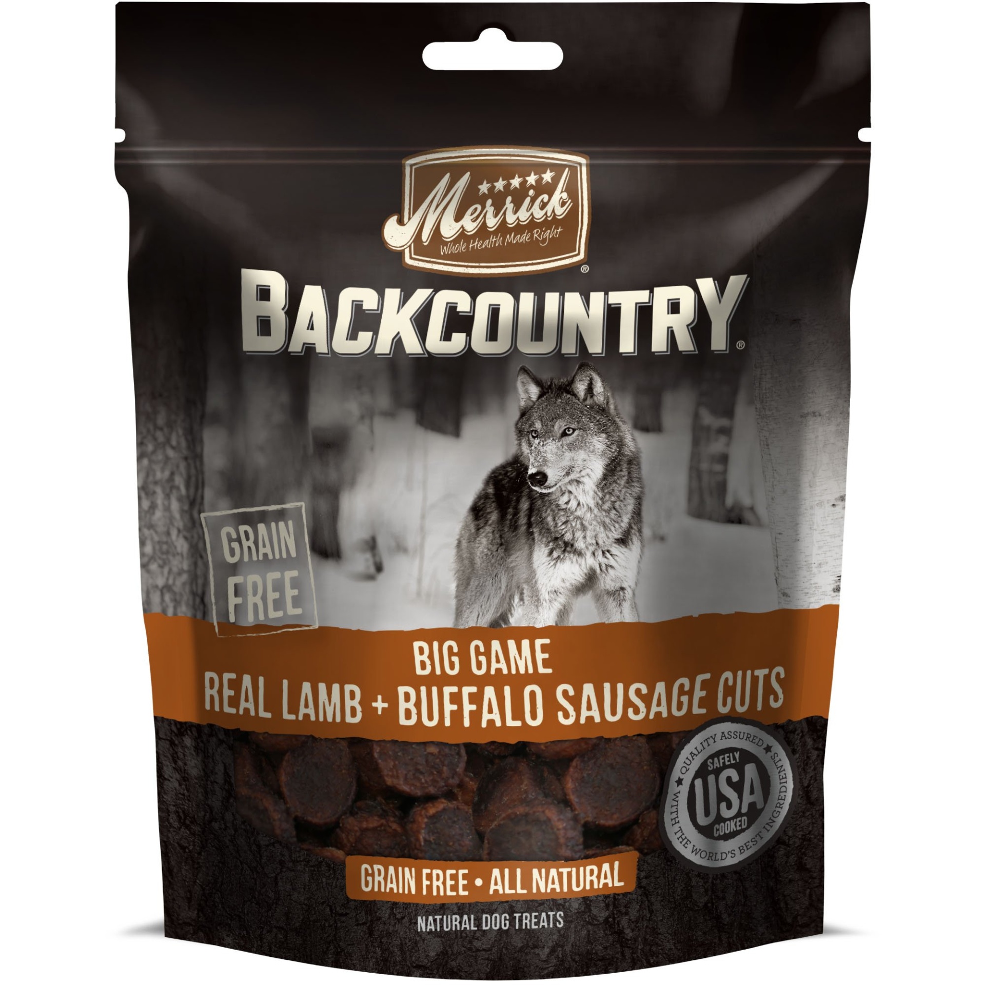 slide 1 of 1, Merrick Backcountry Big Game Real Lamb + Buffalo Sausage Cuts Grain Free Dog Treats, 5 oz