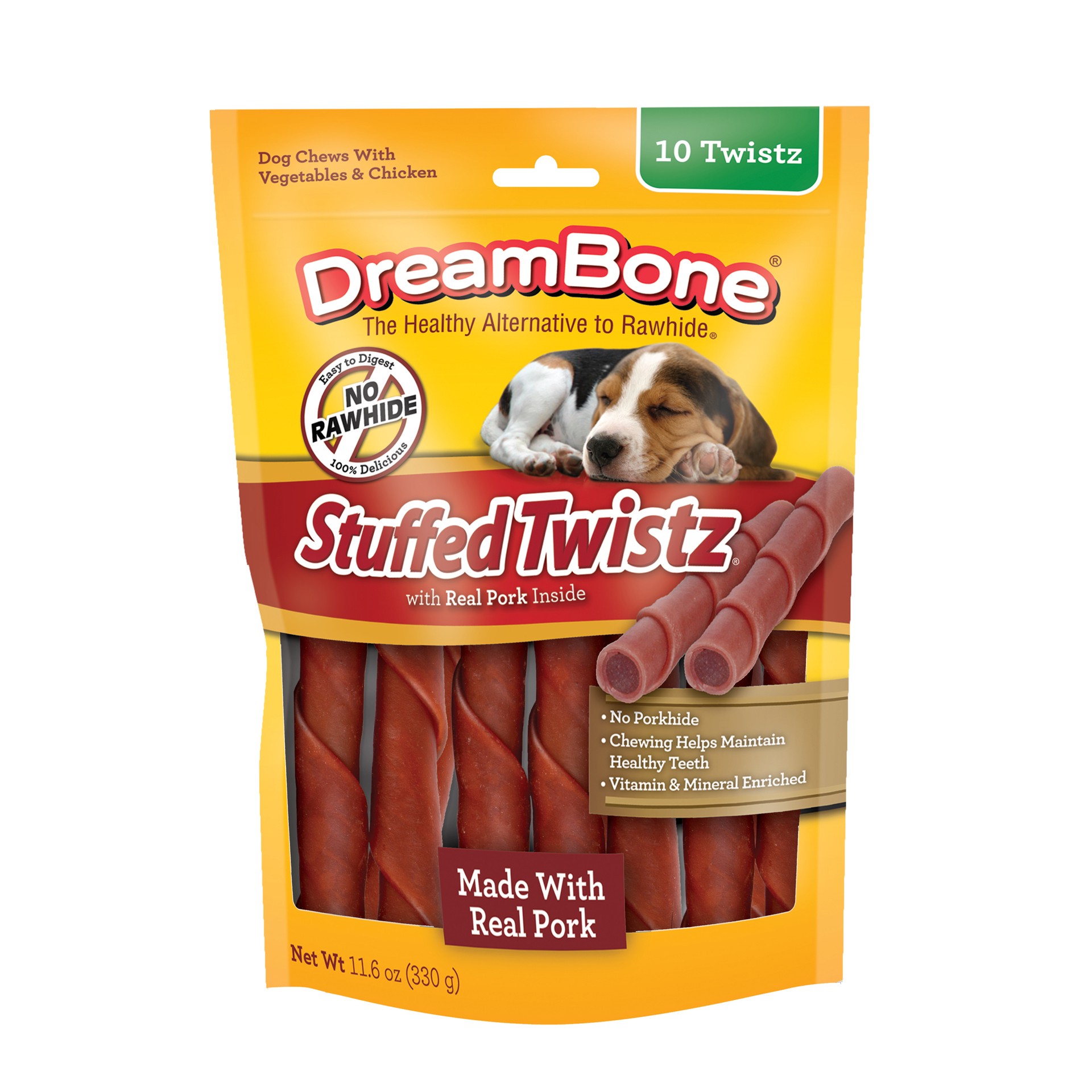 slide 1 of 3, DreamBone Stuffed Twistz 10 Count, Rawhide-Free Chews For Dogs, With Pork-Flavor Chew Inside, 0.7 lb