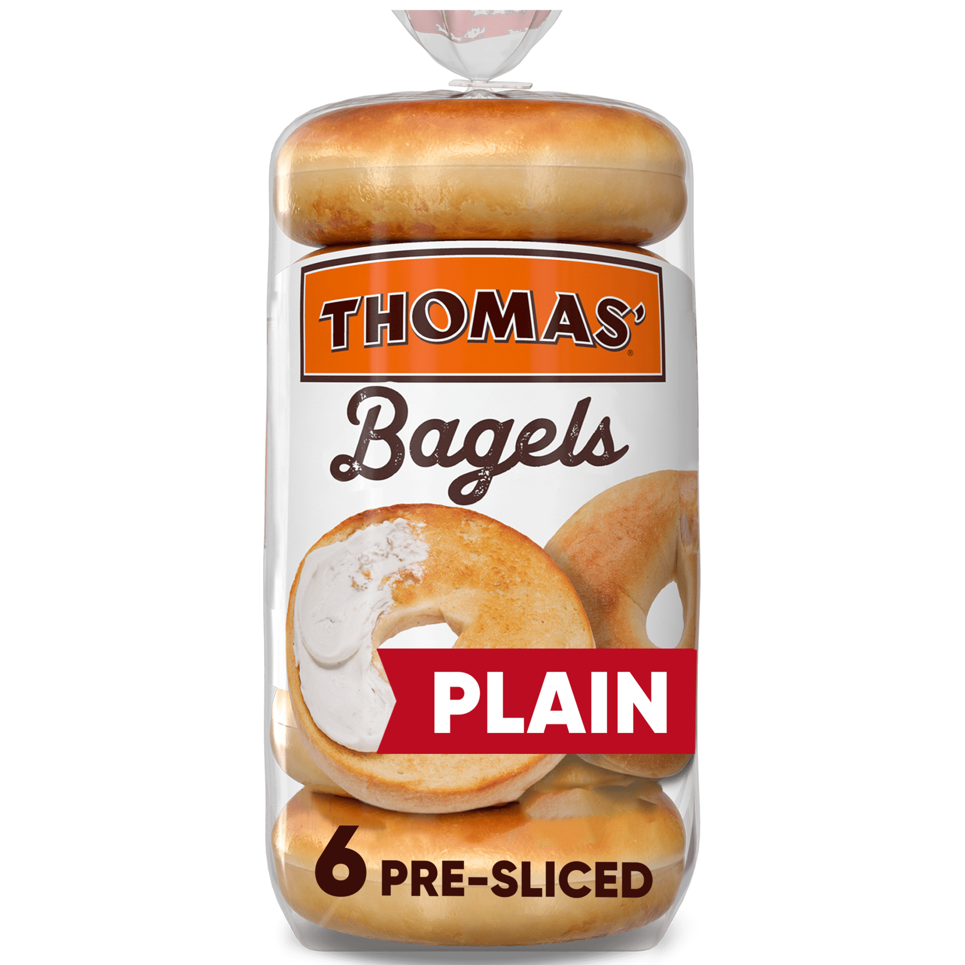 slide 1 of 3, Thomas' Plain Bagels, 6 count, Soft Pre-sliced Bagels, 20 oz Bag, 6 ct