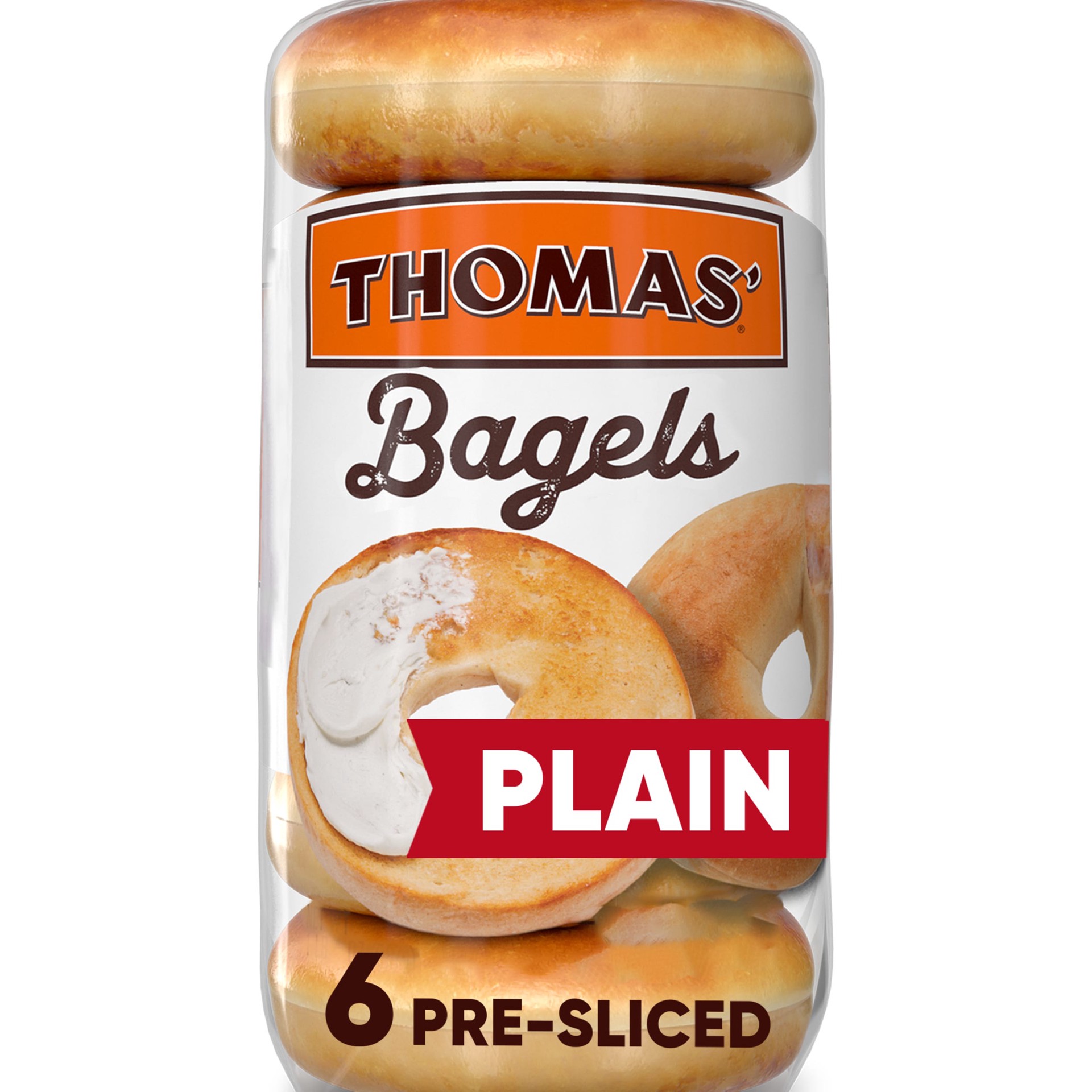 slide 1 of 3, Thomas' Plain Bagels, 6 count, Pre-sliced Bagels, 20 oz Bag, 6 ct