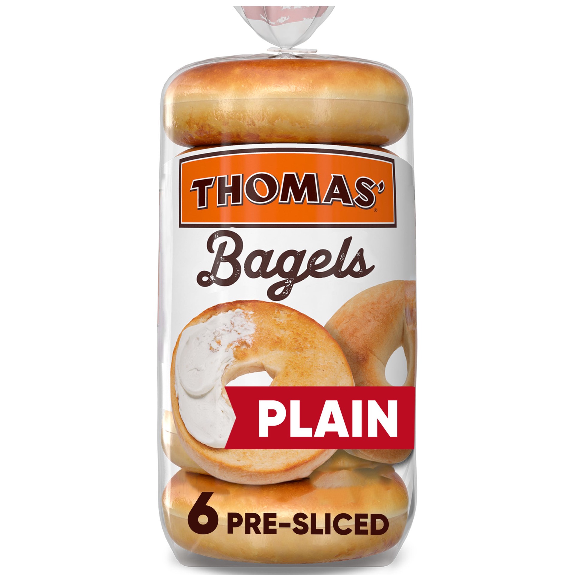 slide 1 of 3, Thomas' Plain Bagels, 6 count, Pre-sliced Bagels, 20 oz Bag, 6 ct