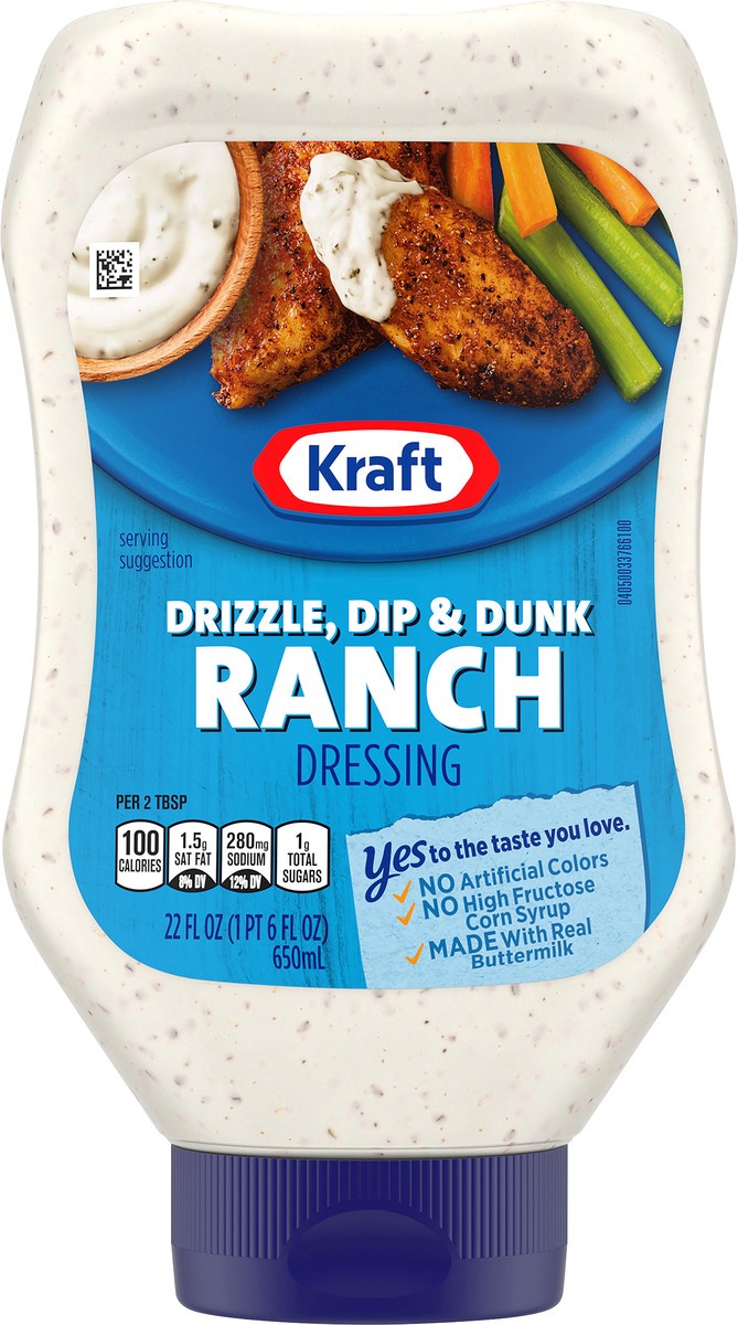 slide 1 of 8, Kraft Drizzle, Dip and Dunk Ranch Dressing, 22.0 fl oz Squeeze Bottle, 22 fl oz