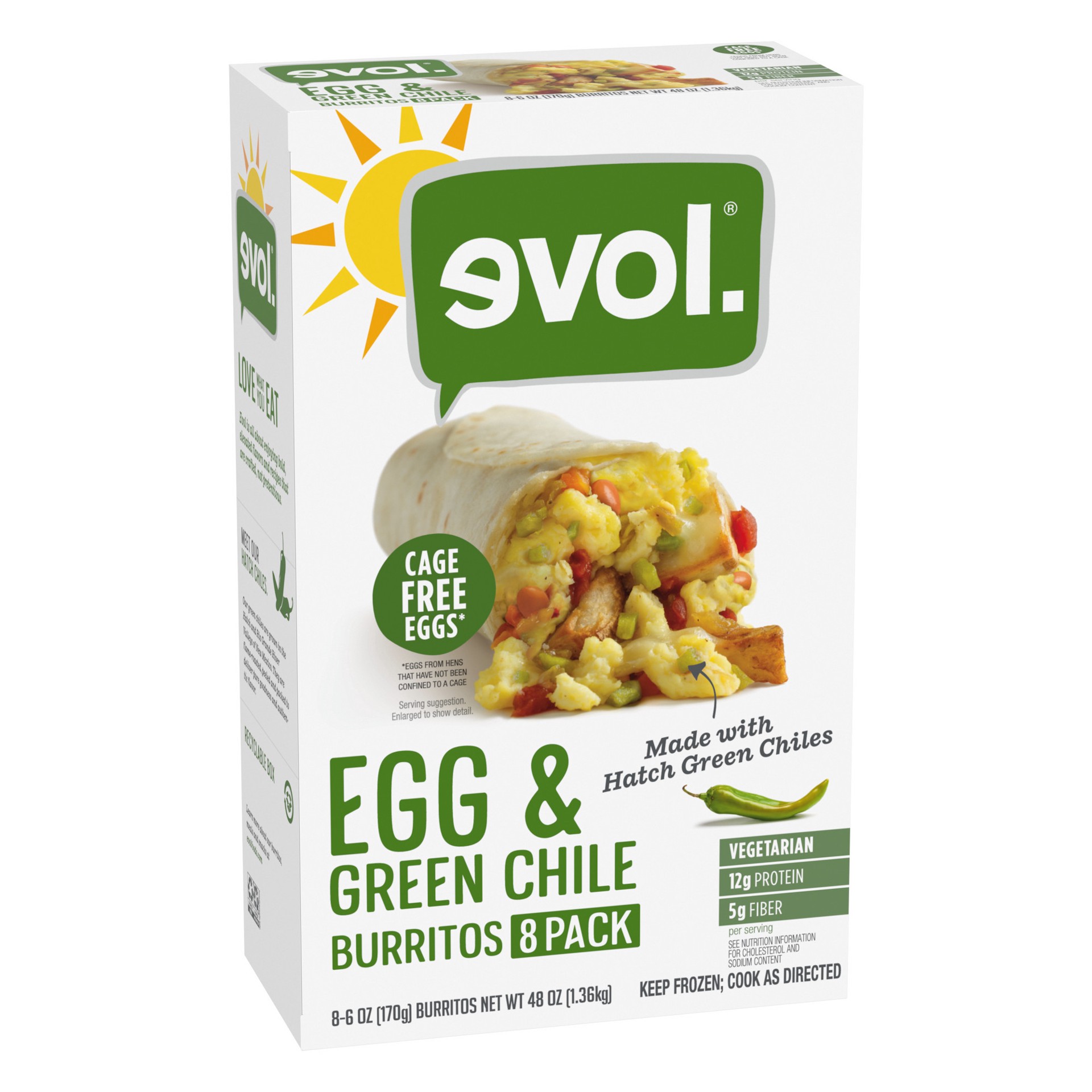 slide 3 of 5, Evol Egg and Green Chile Frozen Breakfast Burrito, 6 oz, 8 Count, 48 oz