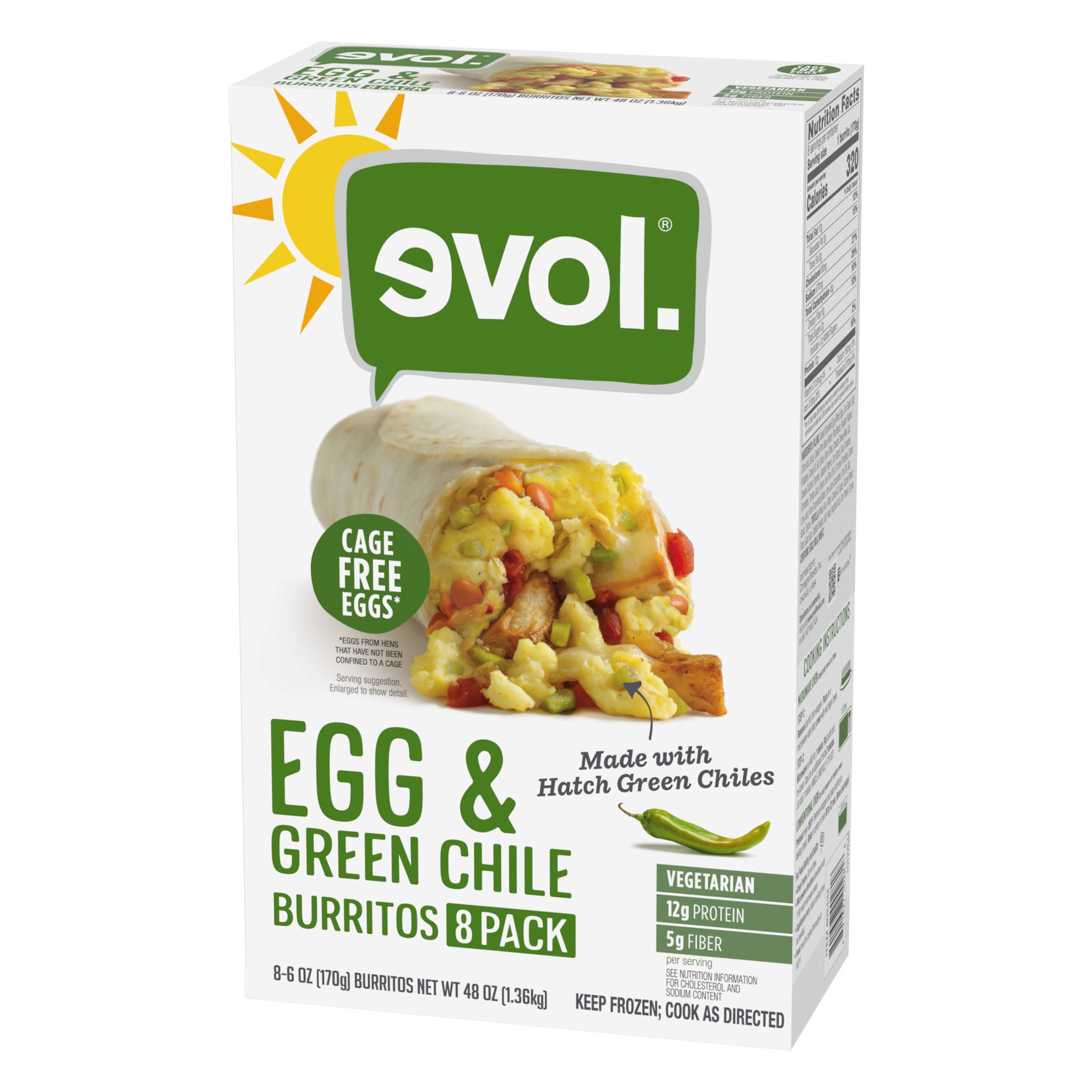 slide 2 of 5, Evol Egg and Green Chile Frozen Breakfast Burrito, 6 oz, 8 Count, 48 oz