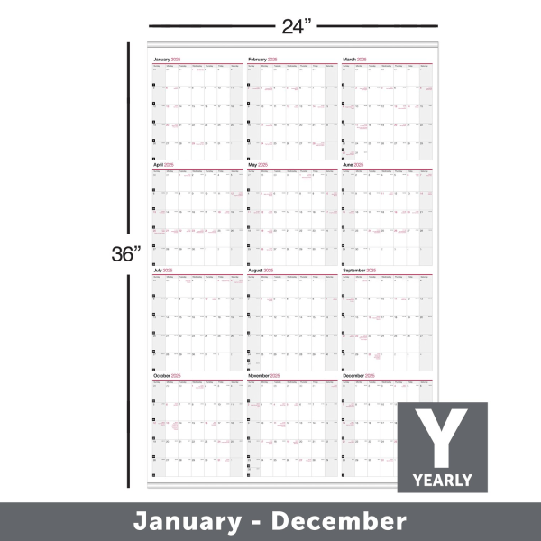 slide 2 of 2, Office Depot 2025 Office Depot Brand Yearly Wall Calendar, 24"" X 36"", Traditional, January 2025 To December 2025, Od301428, 1 ct