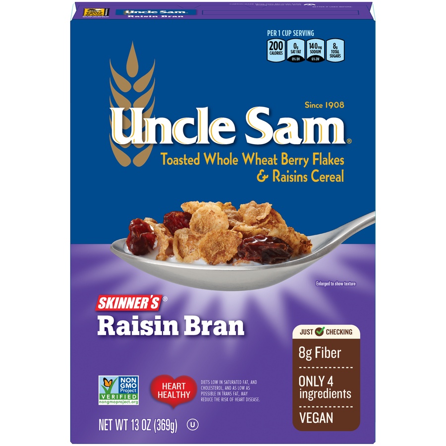 slide 1 of 8, Uncle Sam Skinner's Wholegrain Cereal Raisin Bran, 13 oz