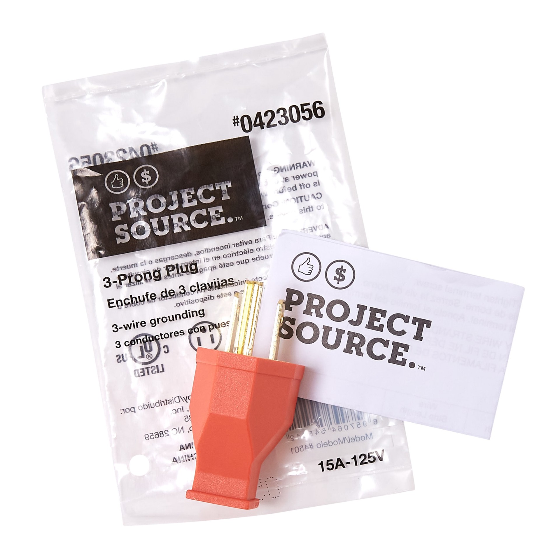slide 3 of 4, Project Source 15-Amp 125-Volt NEMA 5-15p 3-wire Grounding General-duty Straight Plug, Orange, 1 ct
