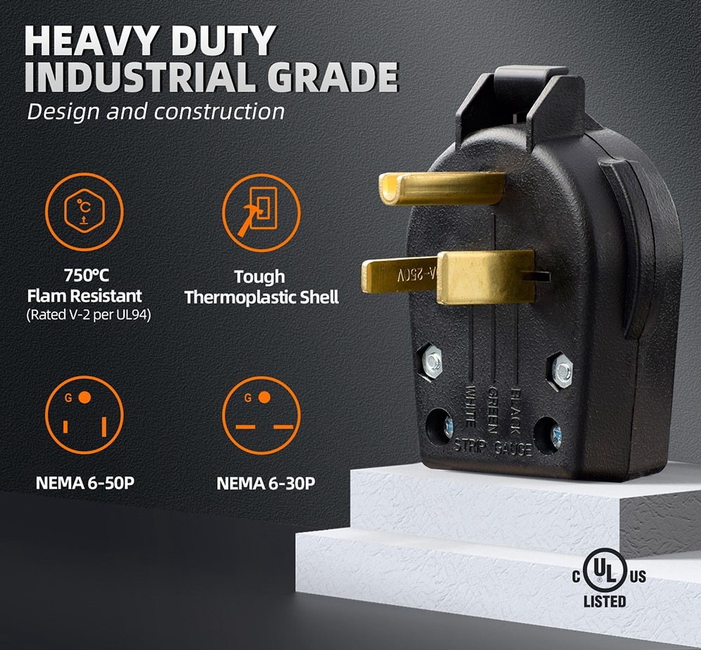 slide 5 of 6, Utilitech 50-Amp 250-Volt NEMA 6-50p 3-wire Grounding Heavy-duty Straight Plug, Black, 1 ct