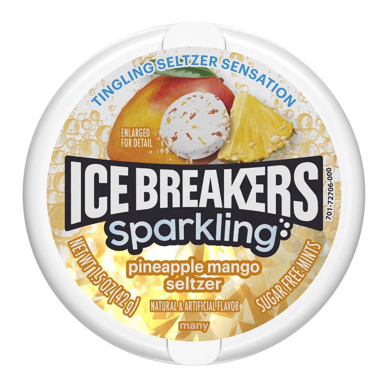 slide 1 of 6, ICE BREAKERS Sparkling Pineapple Mango Seltzer Sugar Free Mints Tins, 1.5 oz, 1.5 oz