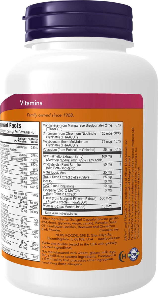 slide 3 of 4, NOW Supplements, ADAM™ Men's Multivitamin with Saw Palmetto, Plant Sterols, Lycopene & CoQ10, 90 Softgels, 90 ct