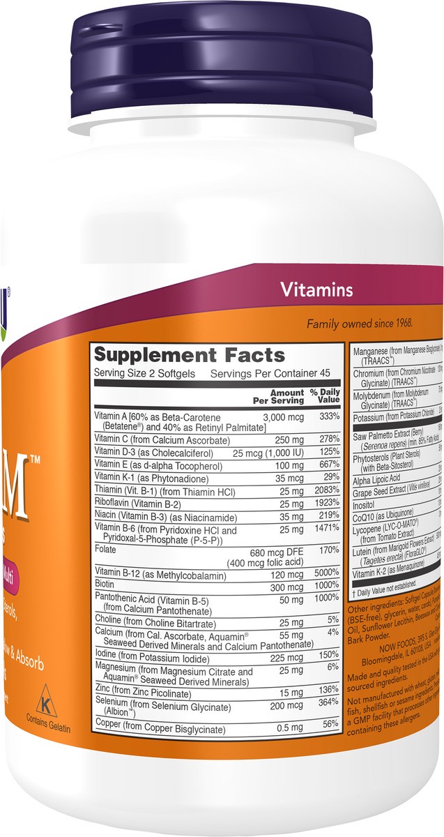 slide 4 of 4, NOW Supplements, ADAM™ Men's Multivitamin with Saw Palmetto, Plant Sterols, Lycopene & CoQ10, 90 Softgels, 90 ct
