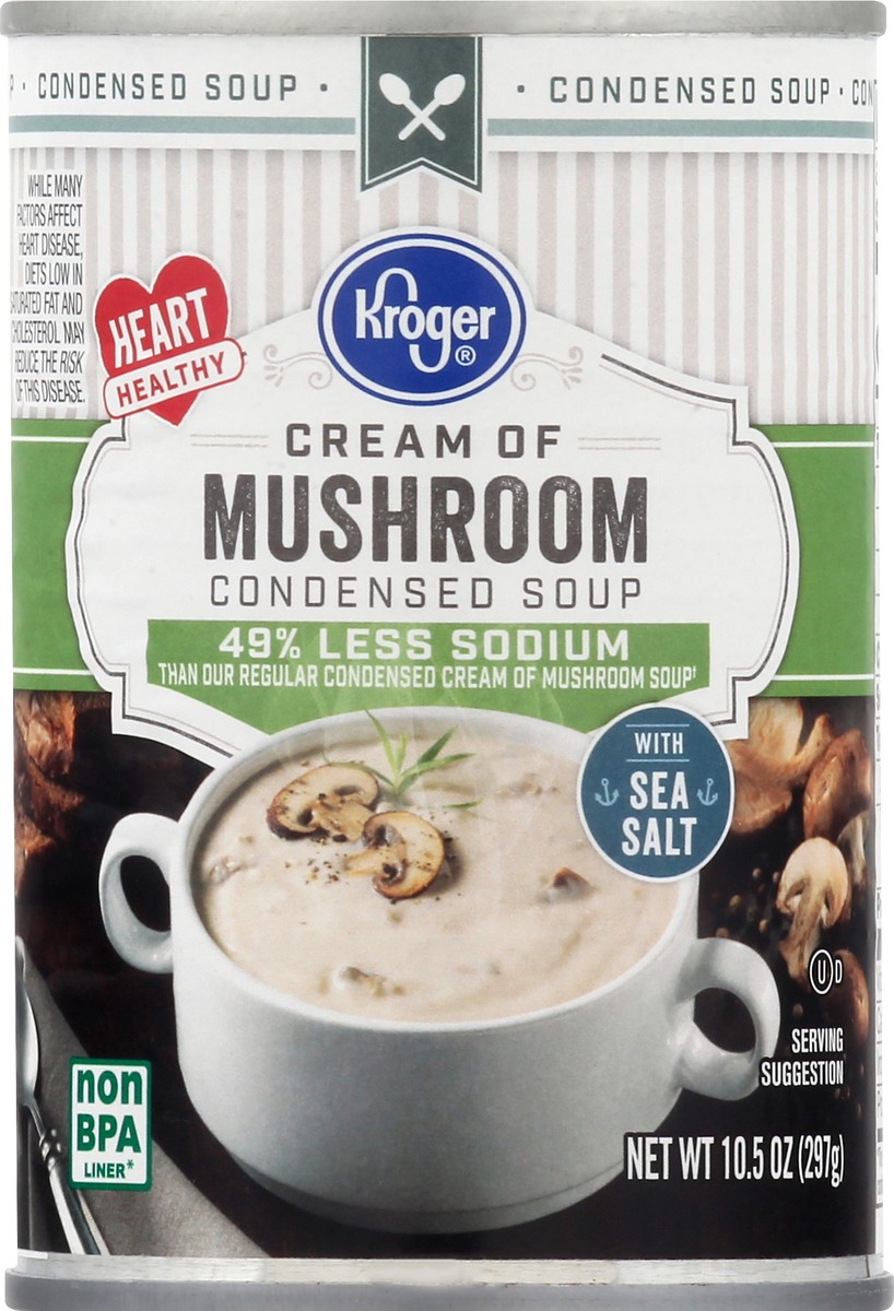 slide 4 of 11, Kroger 49% Less Sodium Cream of Mushroom Condensed Soup, 10.5 oz