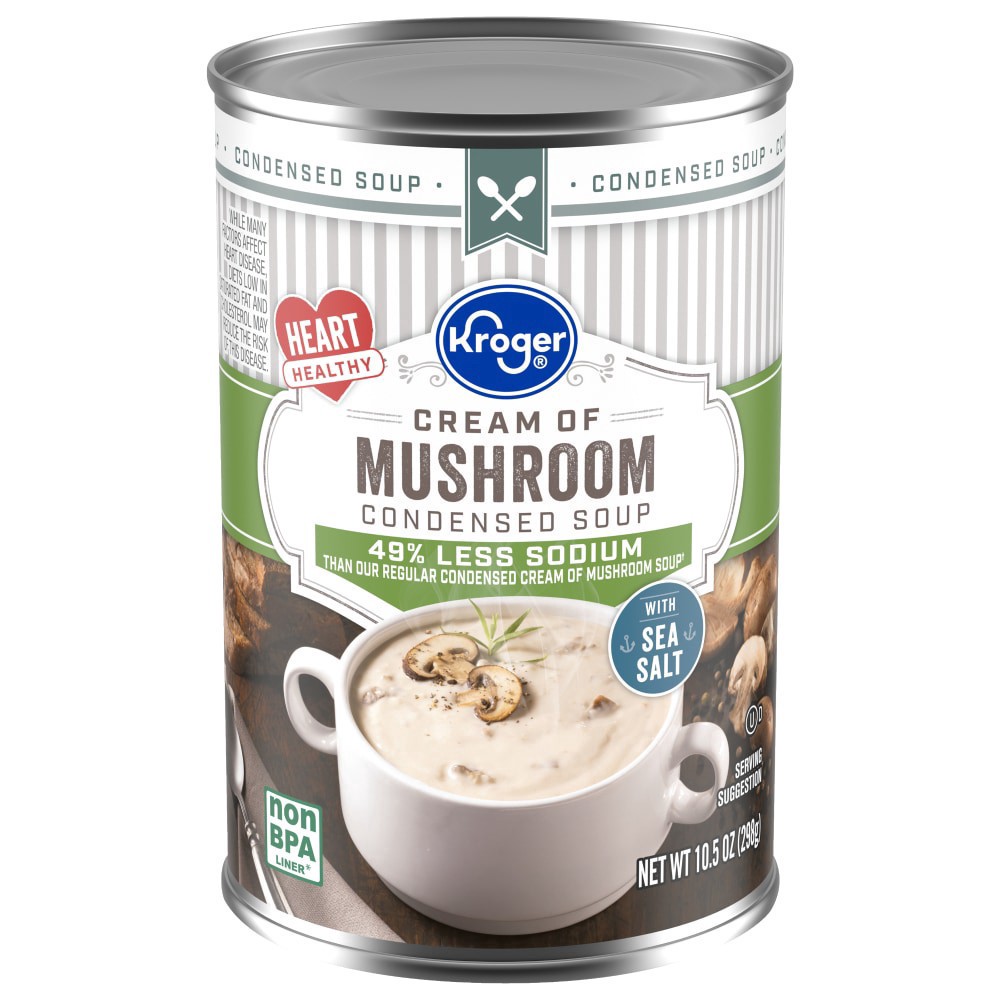 slide 1 of 11, Kroger 49% Less Sodium Cream of Mushroom Condensed Soup, 10.5 oz