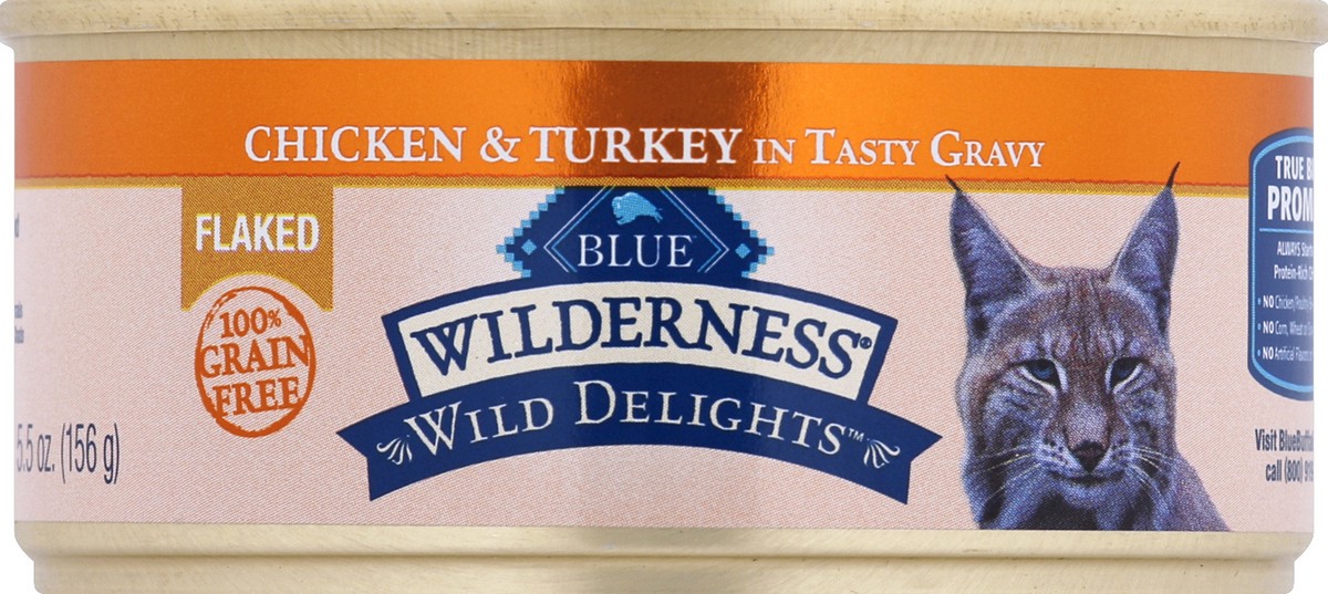 slide 1 of 8, Blue Buffalo Wilderness Wild Delights Grain Free, Natural Adult Flaked Wet Cat Food, Chicken & Turkey 5.5-oz can, 5.5 oz