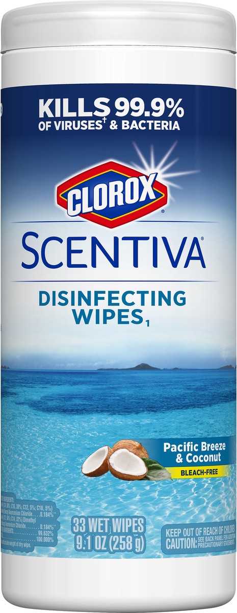 slide 2 of 6, Scentiva Bleach-Free Disinfecting Pacific Breeze & Coconut Wipes 33 ea, 33 ct