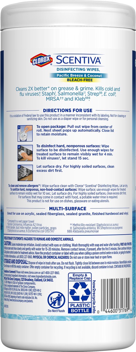 slide 5 of 6, Scentiva Bleach-Free Disinfecting Pacific Breeze & Coconut Wipes 33 ea, 33 ct