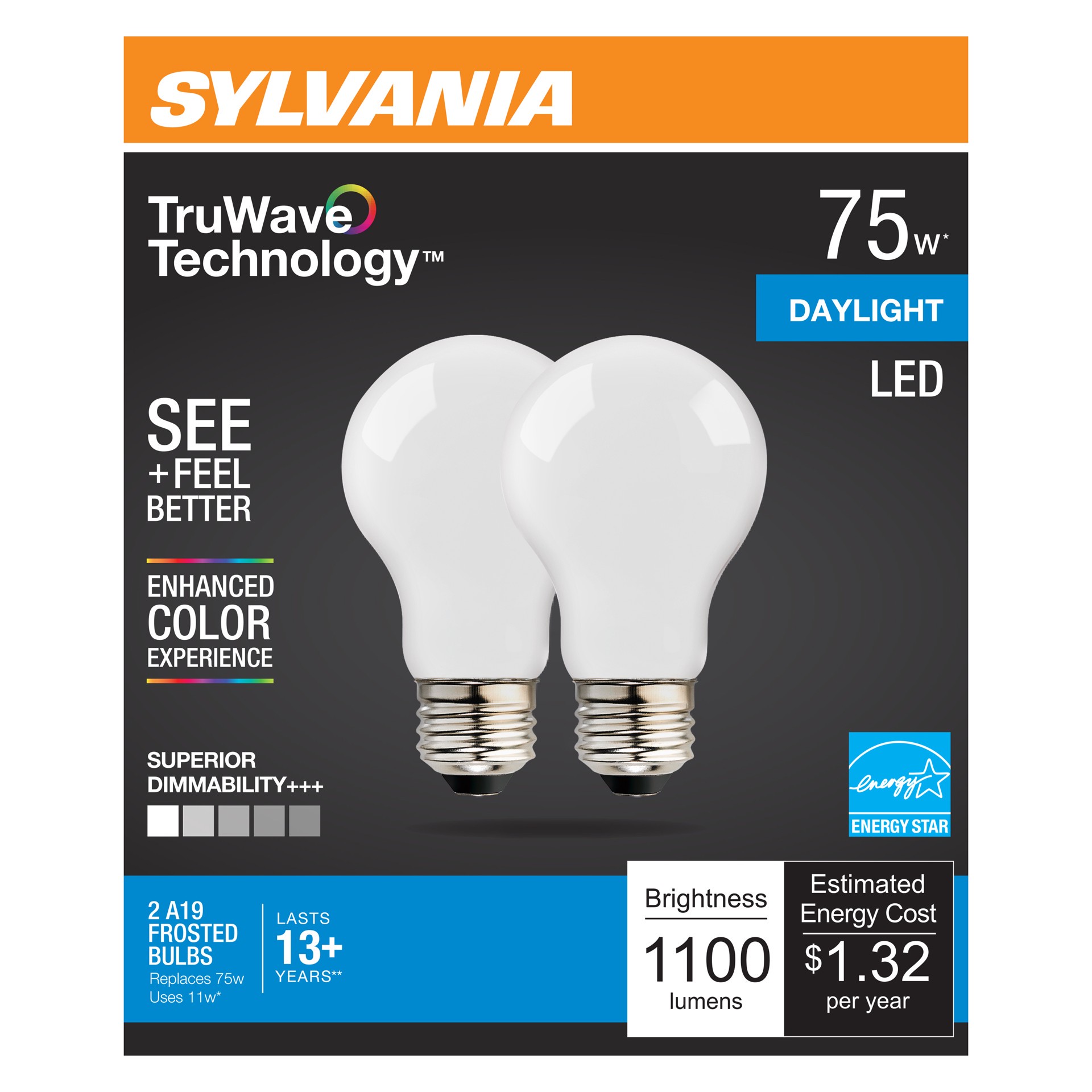 slide 1 of 1, Sylvania Bulbs Led11 A19 Dim 75W 5K, 2 ct