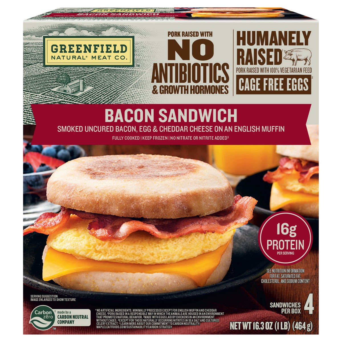 slide 2 of 2, Greenfield Natural Meat Co. Greenfield Natural* Meat Co. Bacon & Egg Breakfast Sandwiches 16.4 oz, 4 ct
