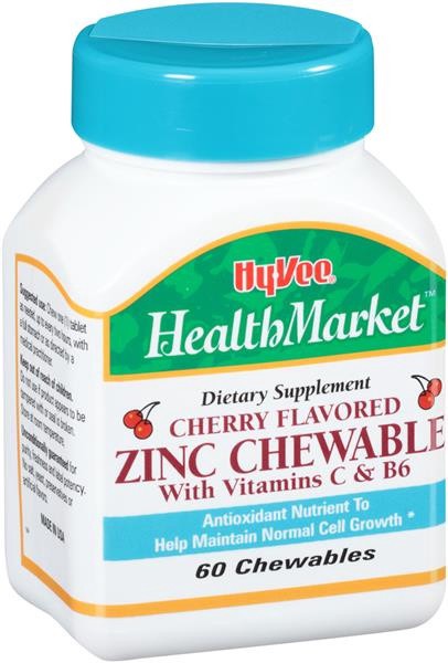 slide 1 of 1, Hy-Vee HealthMarket Cherry Flavored Zinc With Vitamins C & B6 Dietary Supplement Chewables, 60 ct
