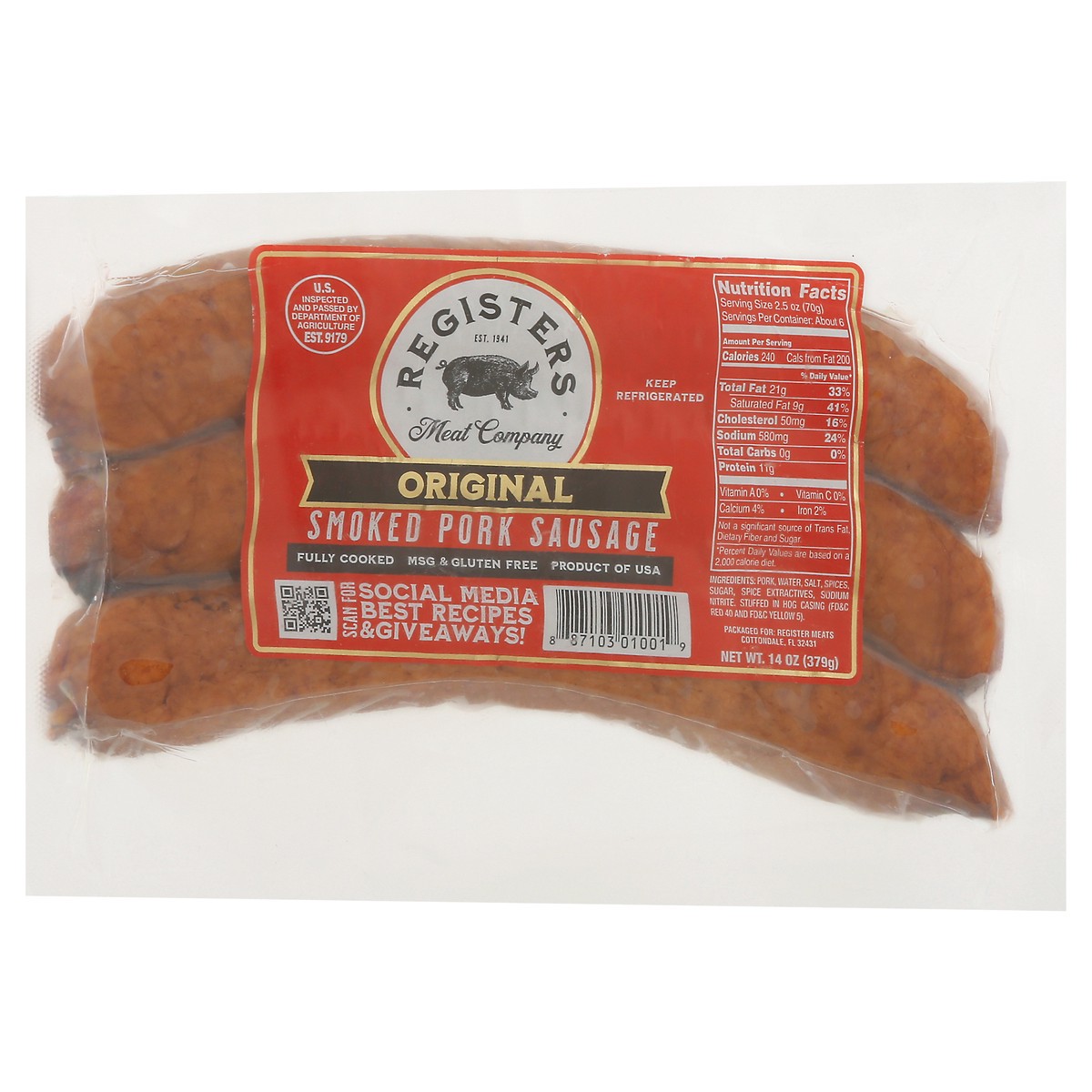 slide 5 of 9, Registers Meat Company Smoked Original Pork Sausage 14 oz, 14 oz