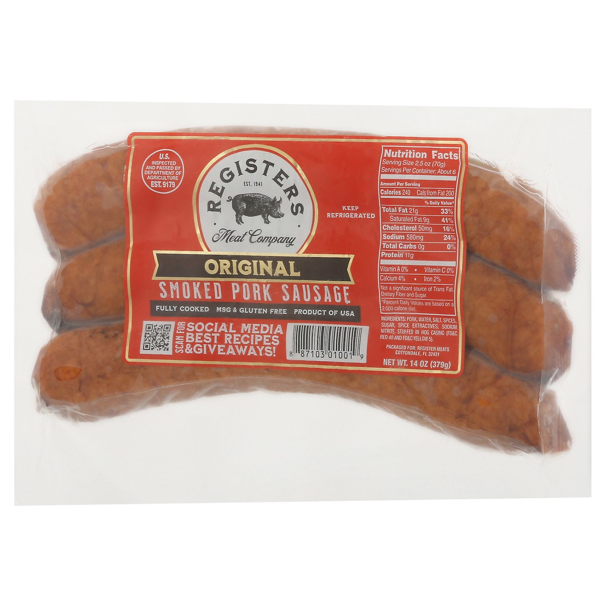 slide 4 of 9, Registers Meat Company Smoked Original Pork Sausage 14 oz, 14 oz