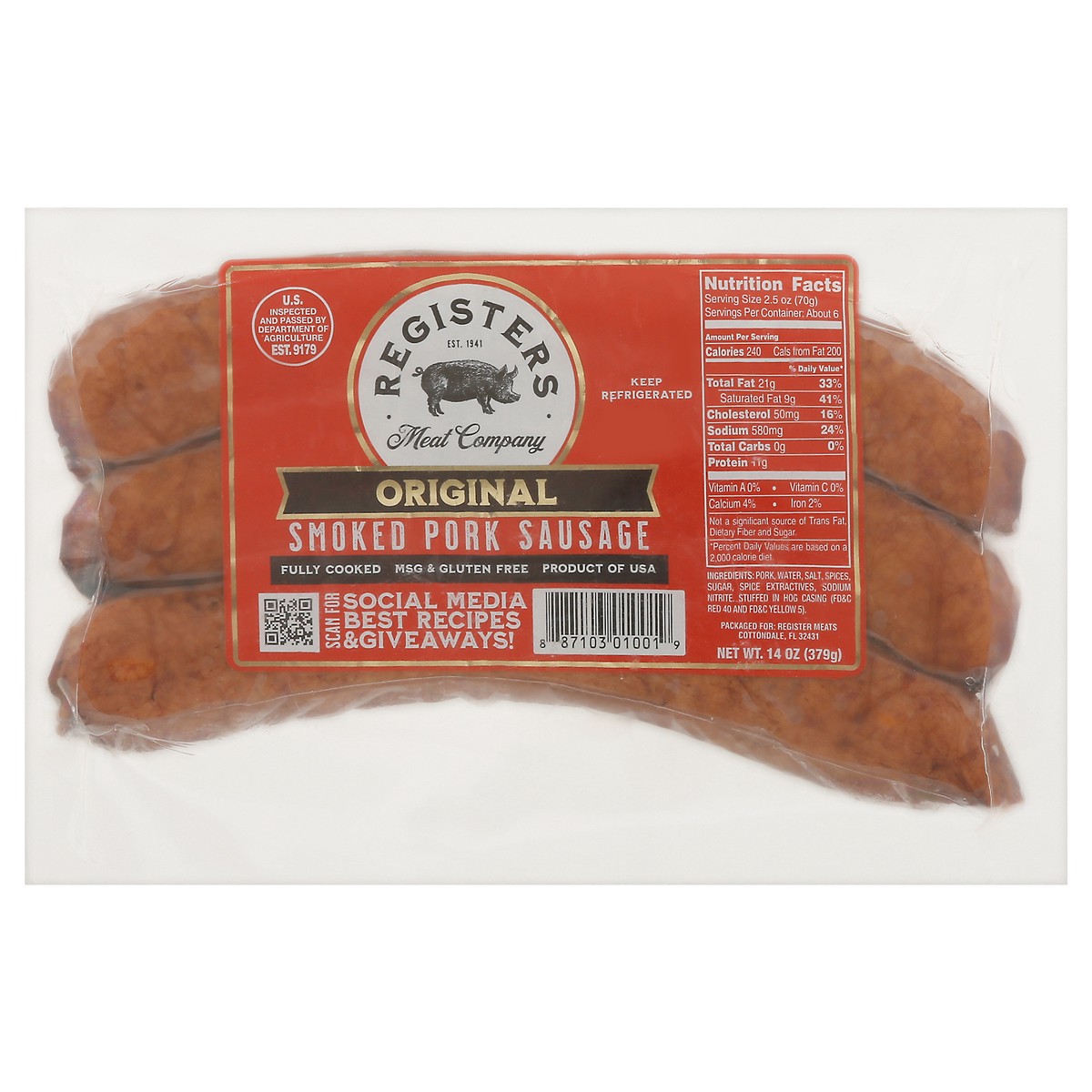 slide 1 of 9, Registers Meat Company Smoked Original Pork Sausage 14 oz, 14 oz