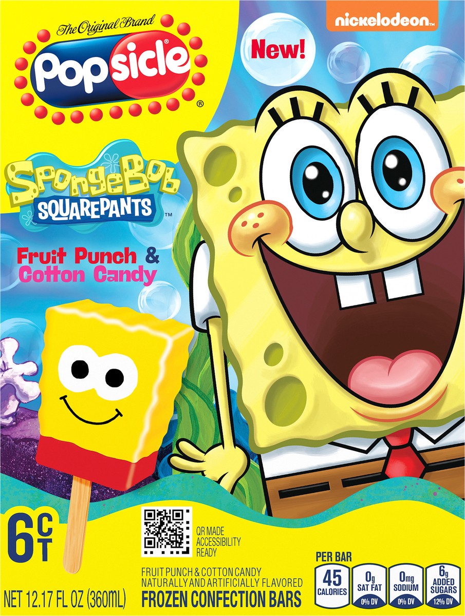 slide 3 of 11, Popsicle Fruit Punch & Cotton Candy Frozen Confection Bars SpongeBob SquarePants - 12.17oz/6ct, 12.17 oz, 6 ct