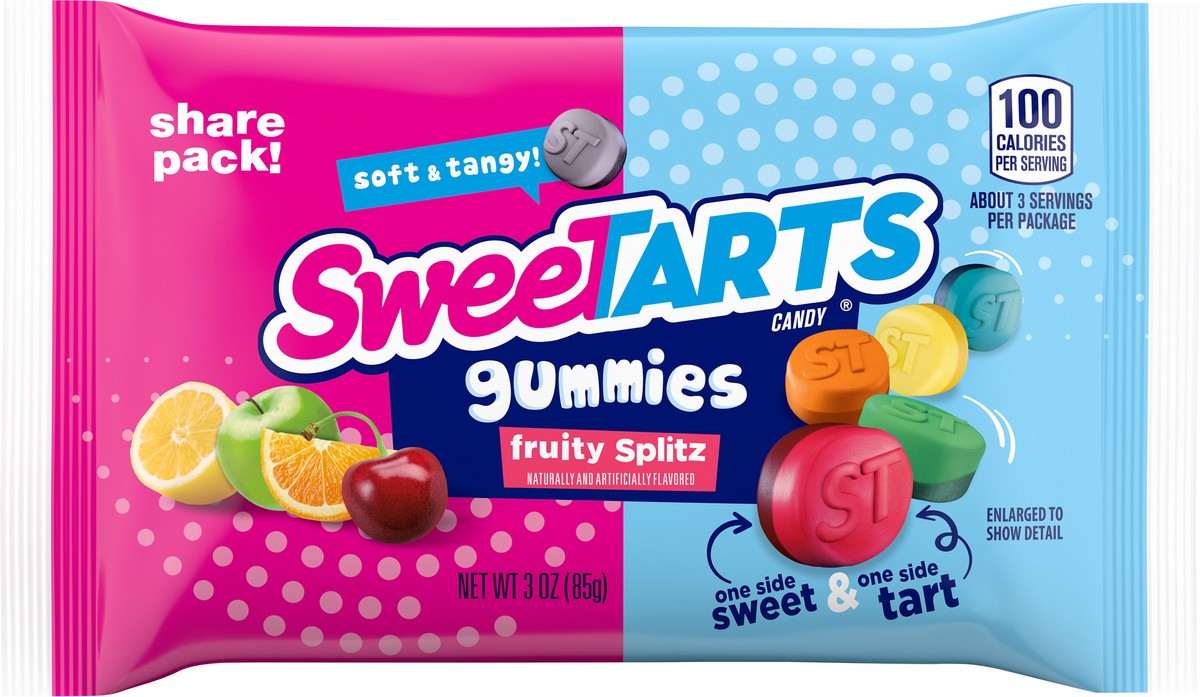 slide 5 of 9, SweeTARTS Gummy Fruity Splitz 3 Ounce Pouch, 3 oz
