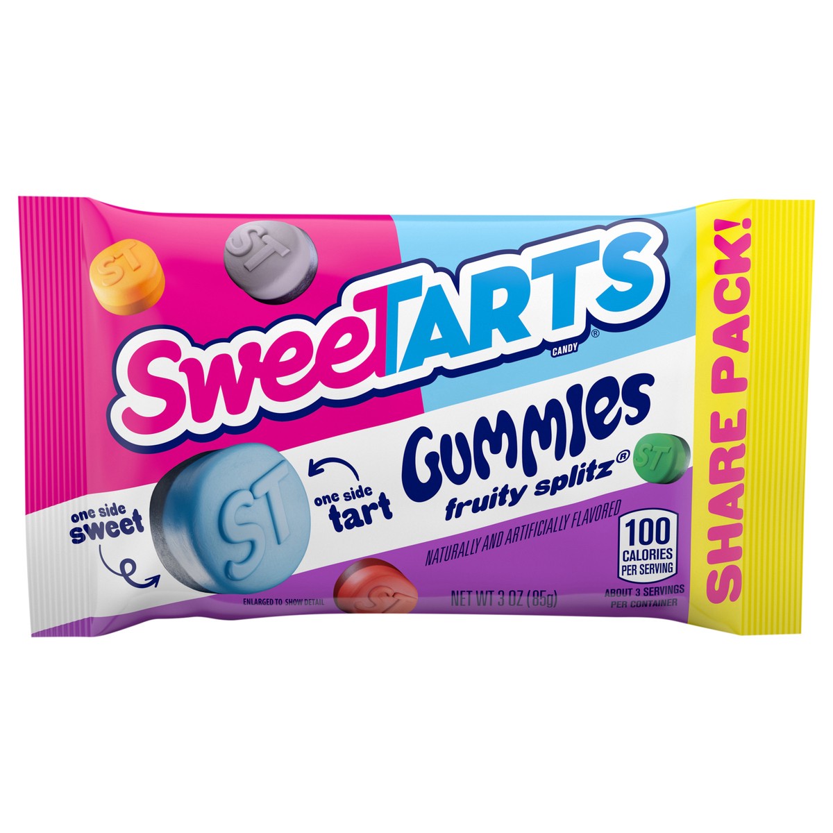 slide 1 of 9, SweeTARTS Gummy Fruity Splitz 3 Ounce Pouch, 3 oz