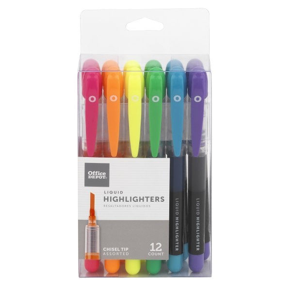 slide 1 of 7, Office Depot Liquid Ink Highlighters With Chisel Tips, Assorted Colors, Pack Of 12, 12 ct