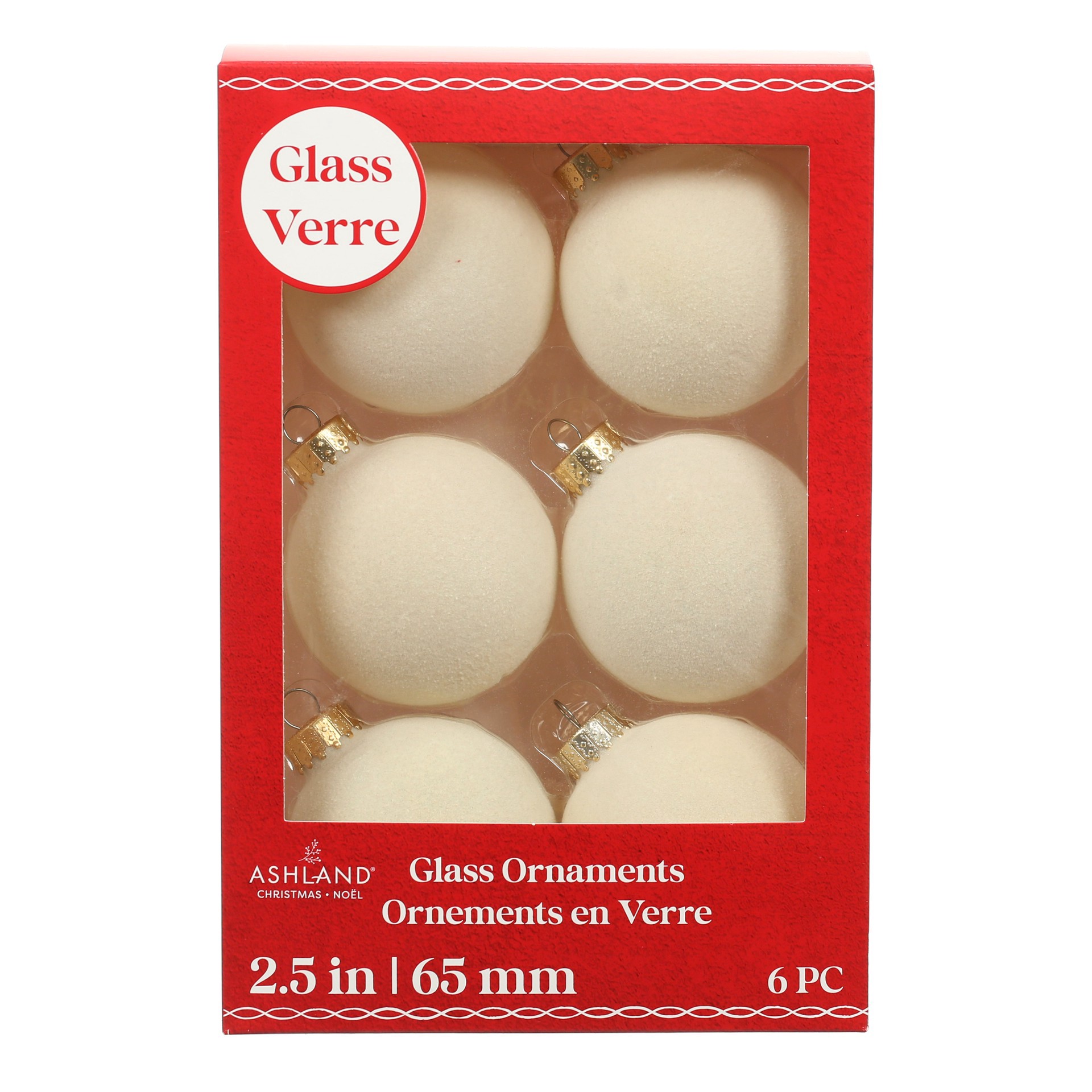 slide 2 of 3, 6 Pack 2.5" Cream Flocked Glass Ball Ornaments By Ashland, 6 ct