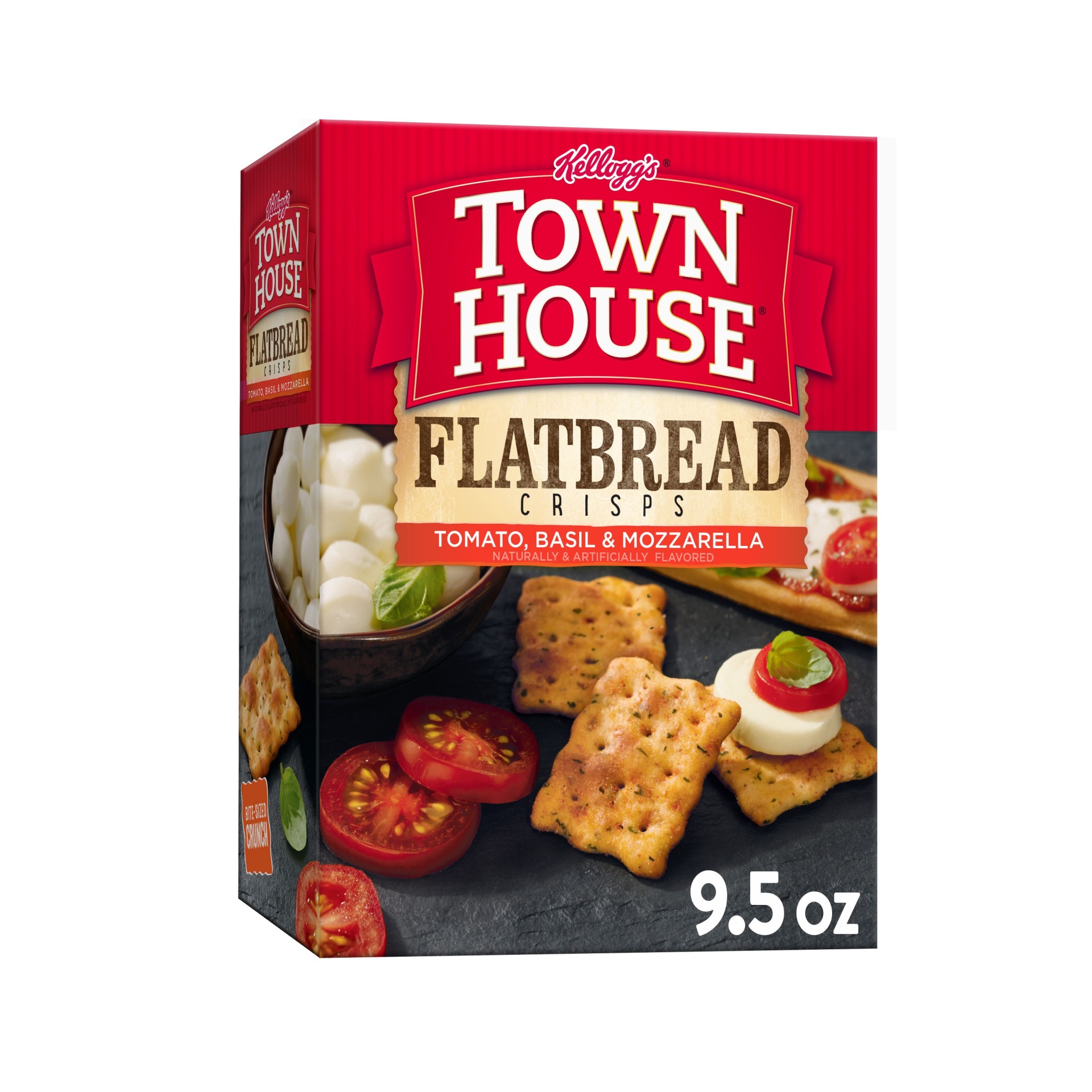 slide 1 of 7, Kellogg's Town House Flatbread Cracker Crisps, Baked Snack Crackers, Tomato Basil Mozzarella, 9.5 oz