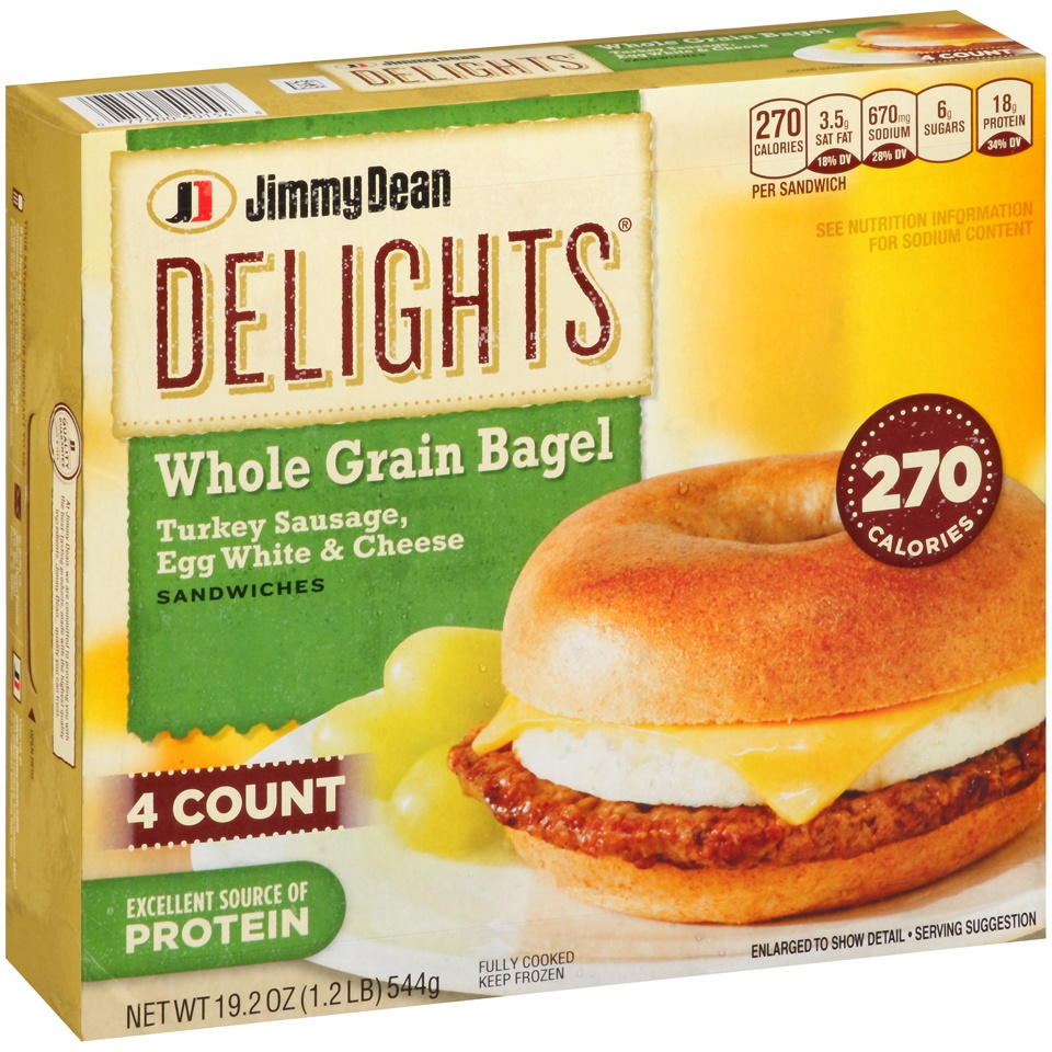 slide 3 of 6, Jimmy Dean Turkey Sausage Egg White & Cheese Whole Grain Bagel Sandwiches, 4 ct; 19.2 oz