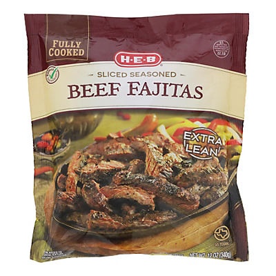 slide 1 of 1, H-E-B Fully Cooked Sliced Seasoned Beef Fajitas, 12 oz