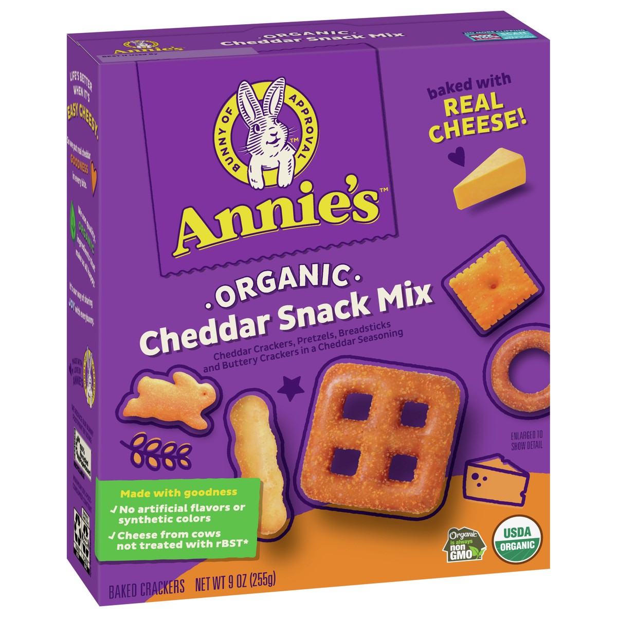 slide 13 of 13, Annie's Cheddar Snack Mix With Assorted Crackers and Pretzels, Made with Real Cheese, 9 oz, 9 oz