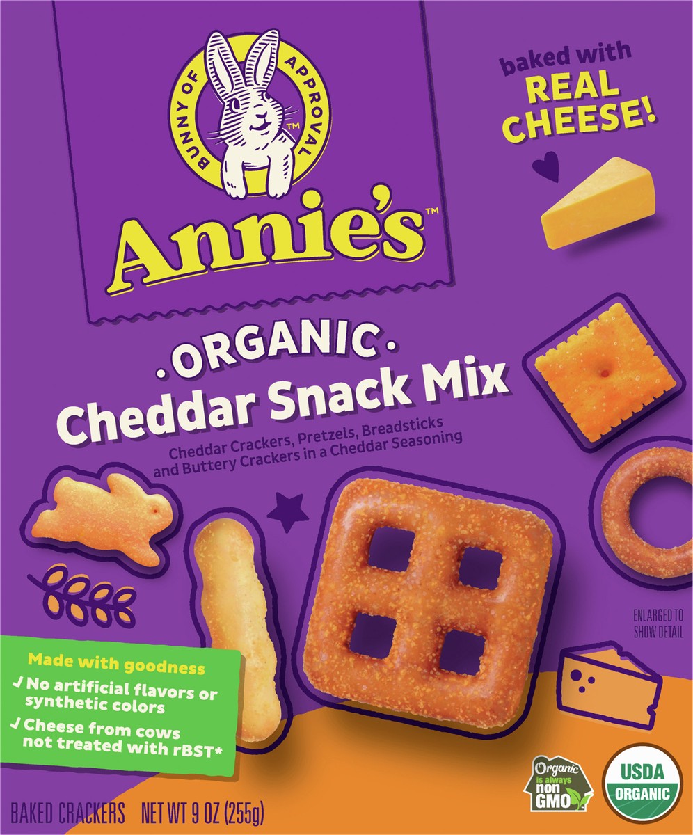 slide 3 of 13, Annie's Cheddar Snack Mix With Assorted Crackers and Pretzels, Made with Real Cheese, 9 oz, 9 oz