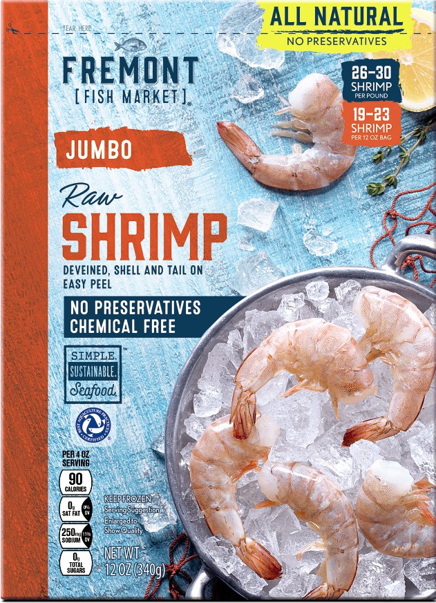 slide 1 of 1, Fremont Fish Market Jumbo Ez Peel Raw Shrimp, 12 oz