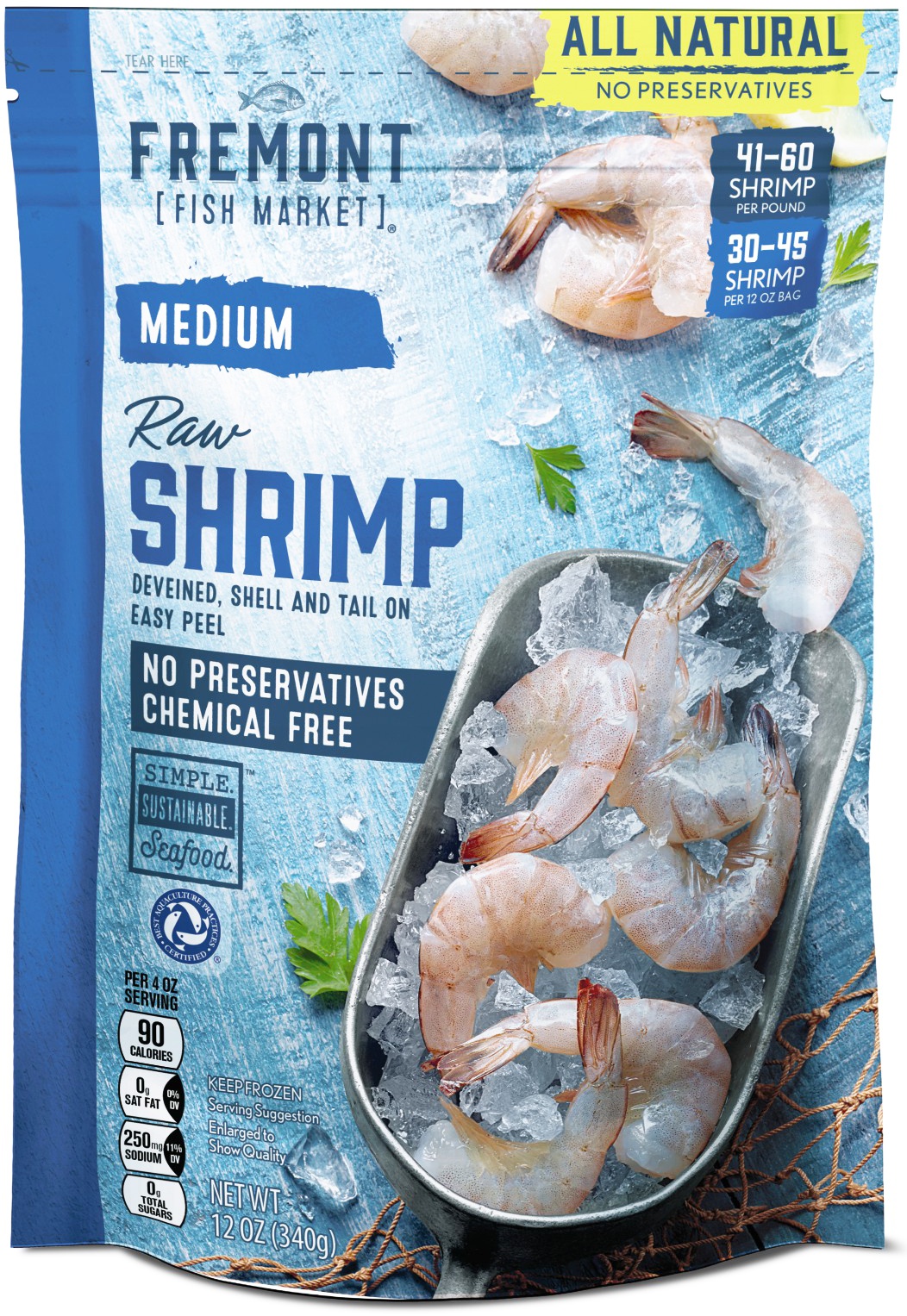 slide 1 of 1, Fremont Fish Market Medium Ez Peel Raw Shrimp, 12 oz