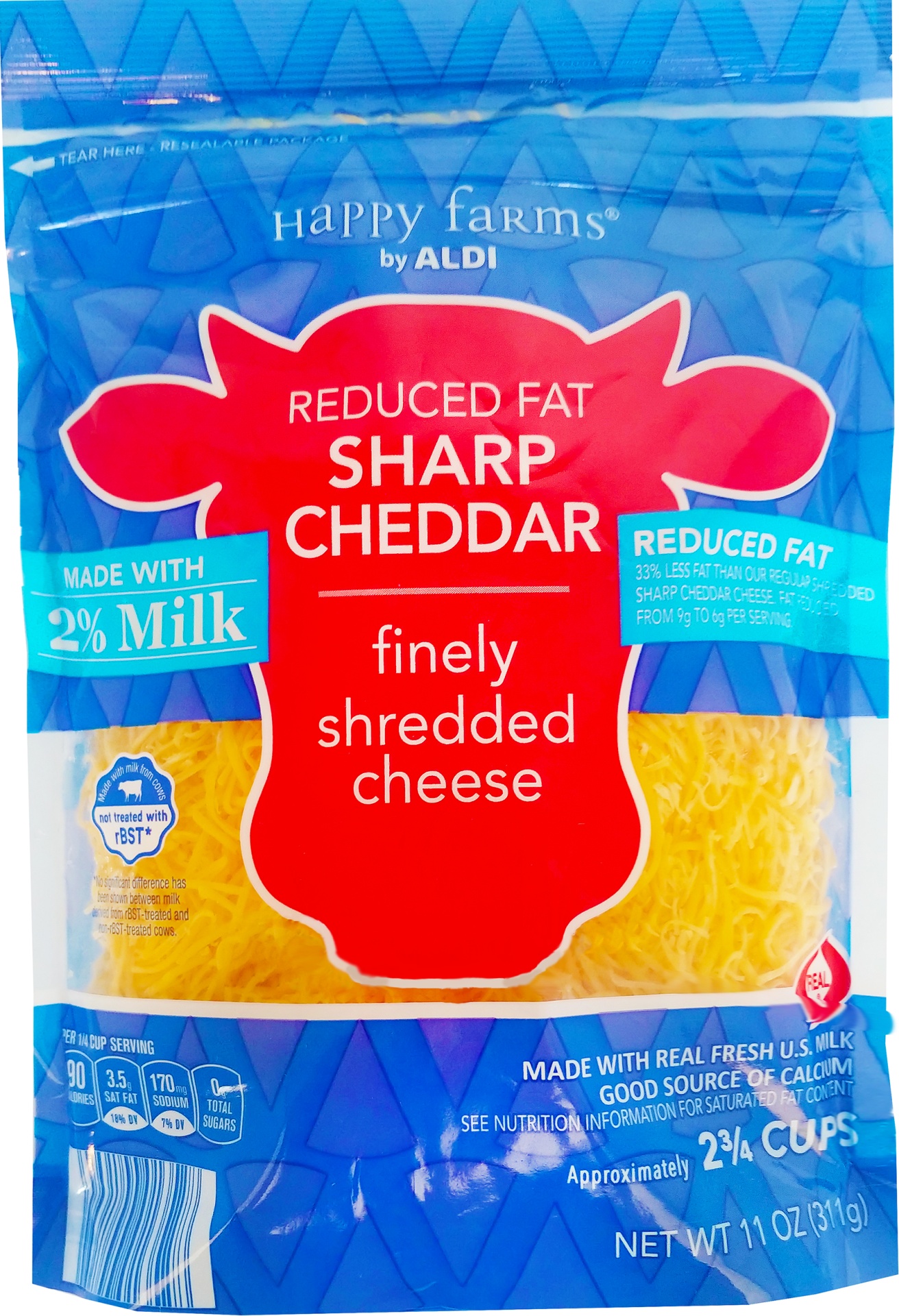 slide 1 of 1, Happy Farms Shredded 2% Milk Sharp Cheddar Cheese, 11 oz
