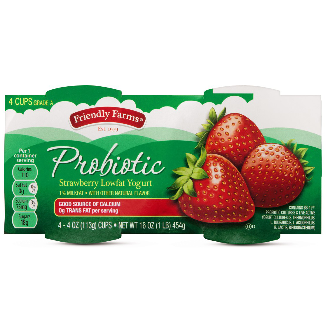 slide 1 of 1, Friendly Farms Strawberry Lowfat Probiotic Yogurt, 4 ct; 4 oz