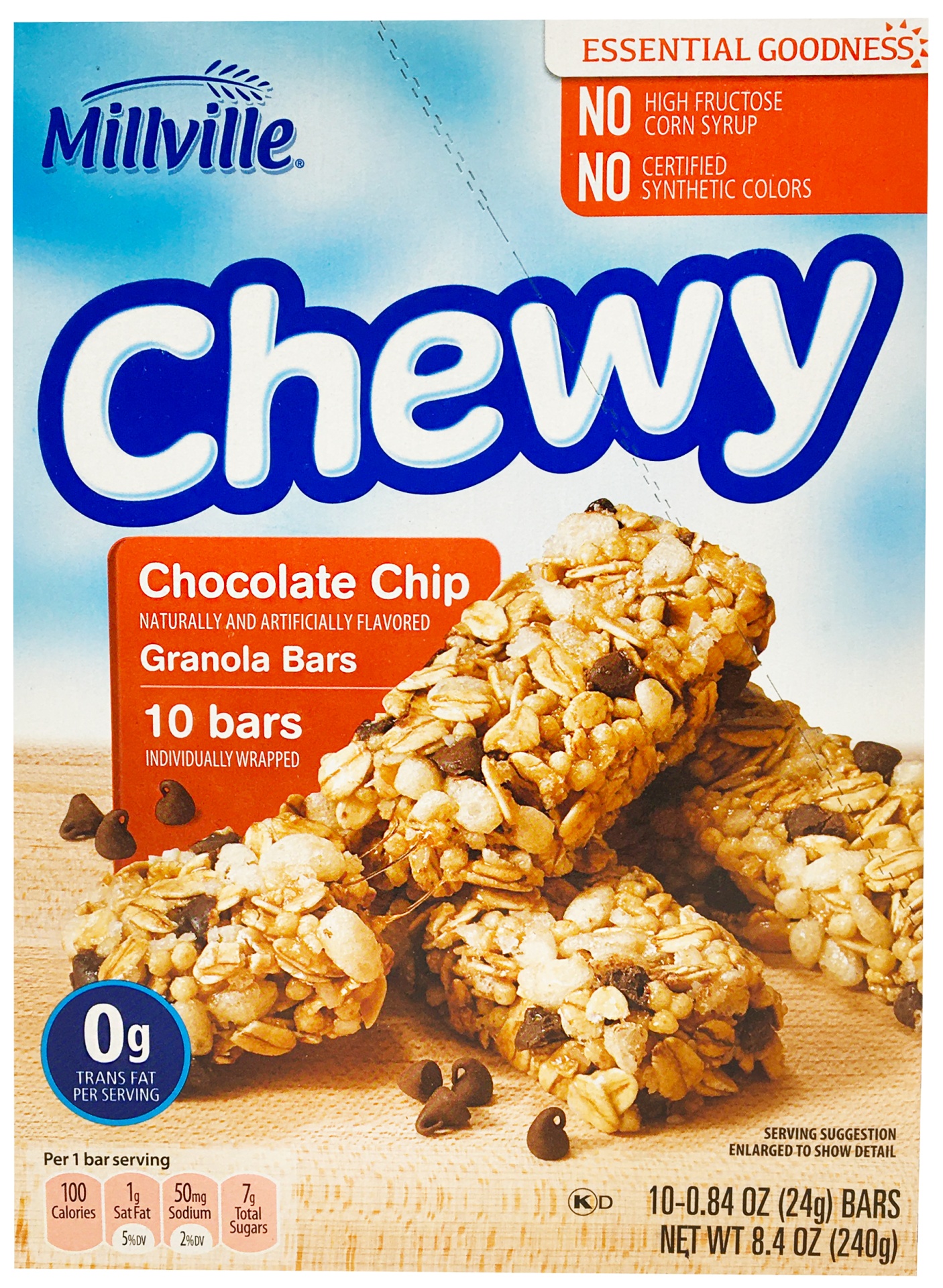 slide 1 of 1, Millville Chocolate Chip Chewy Granola Bars, 10 ct