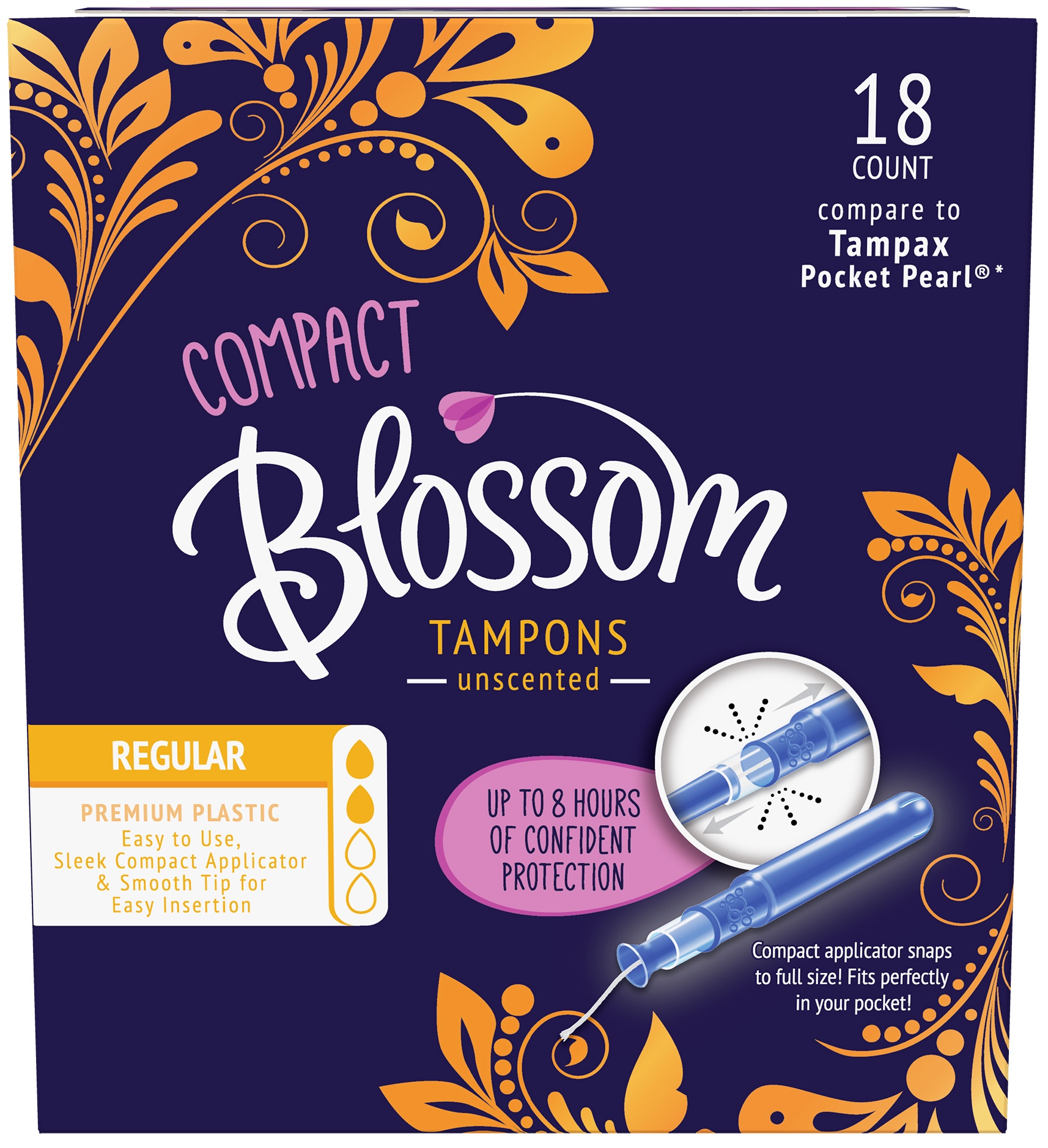 slide 1 of 1, Blossom Regular Plastic Tampons, 36 ct