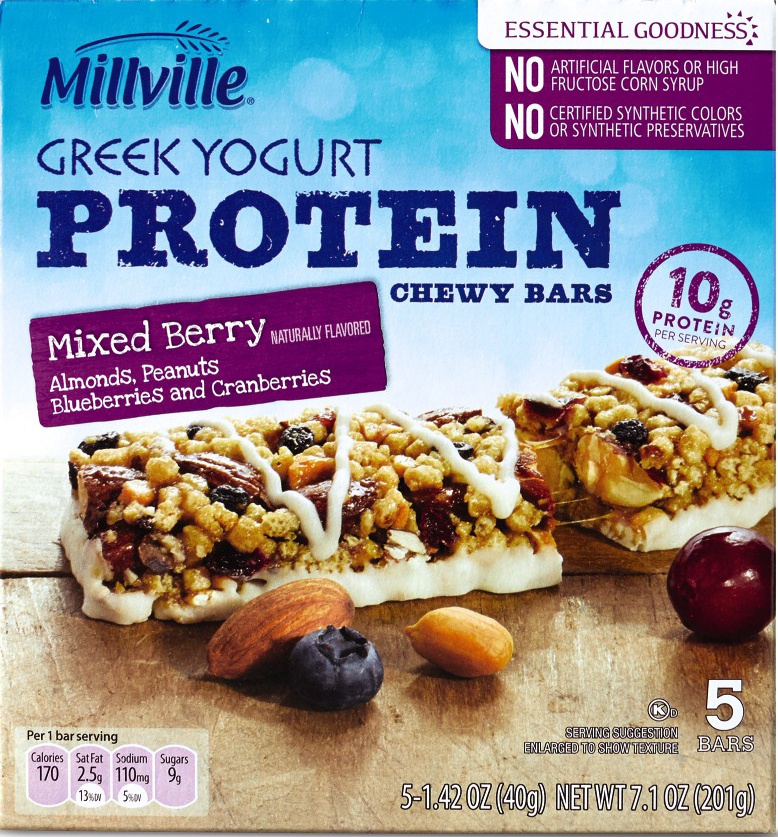 slide 1 of 1, Millville Mixed Berry Greek Yogurt Protein Chewy Bar, 5 ct