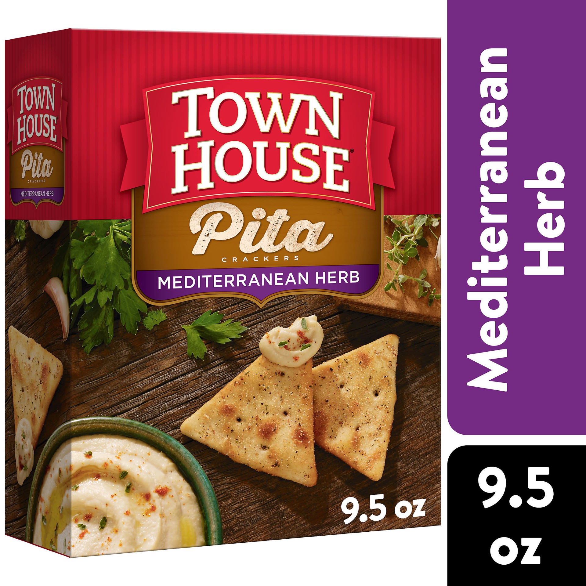 slide 1 of 5, Town House Pita Crackers Oven Baked Crackers, Party Snacks, Mediterranean Herb, 9.5oz Box, 1 Box, 9.5 oz