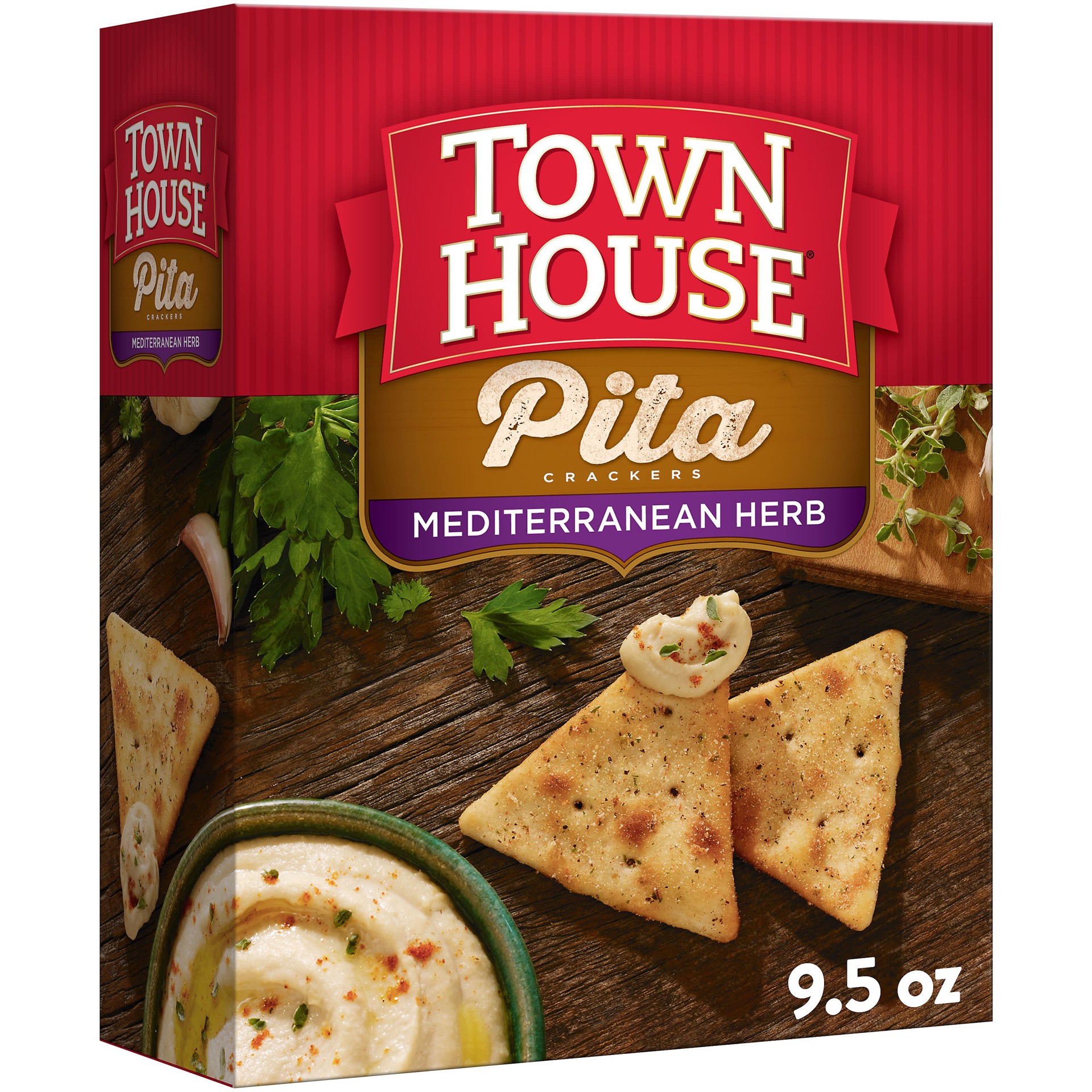 slide 1 of 5, Town House Pita Crackers Oven Baked Crackers, Party Snacks, Mediterranean Herb, 9.5oz Box, 1 Box, 9.5 oz