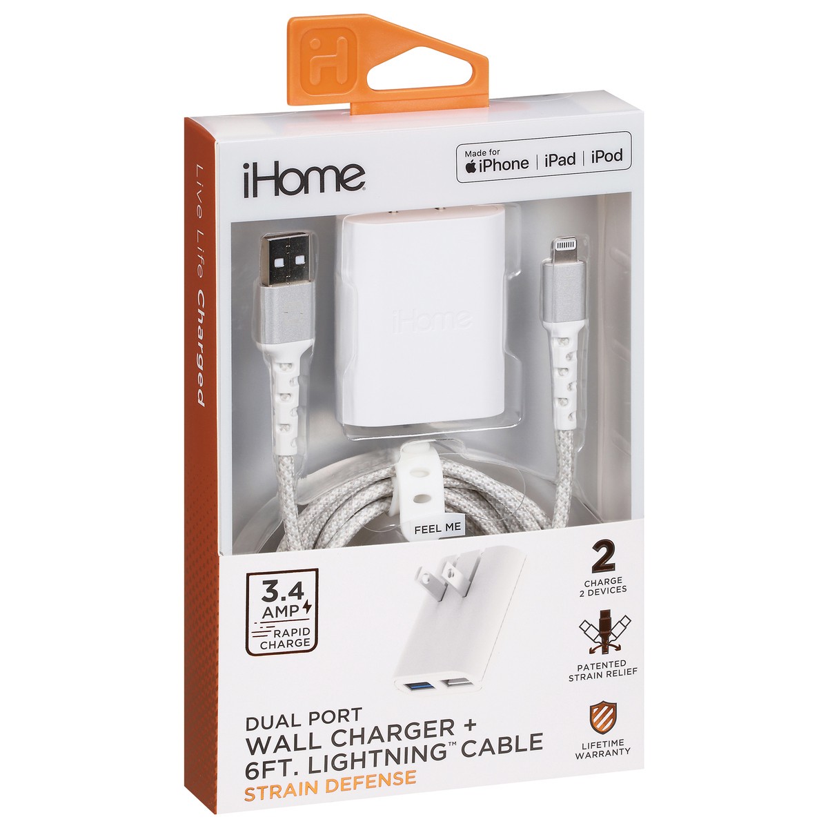 slide 2 of 9, iHome Dual Port Strain Defense Wall Charger + 6ft Lightning Cable 1 ea, 1 ct